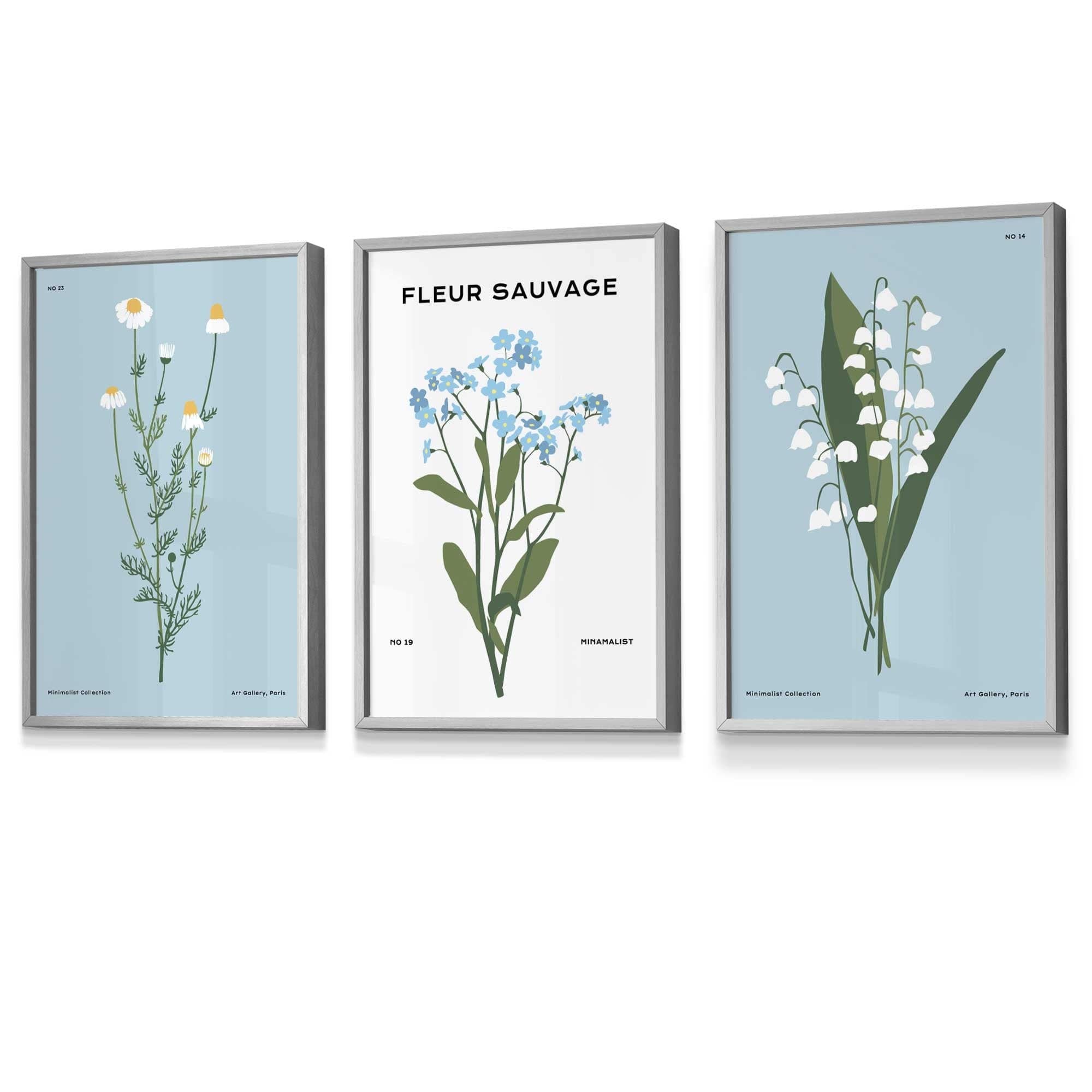 Set of 3 Vintage Graphical Blue Spring Wild Flower Market FRAMED Wall Art Prints / Posters | Artze Wall Art UK