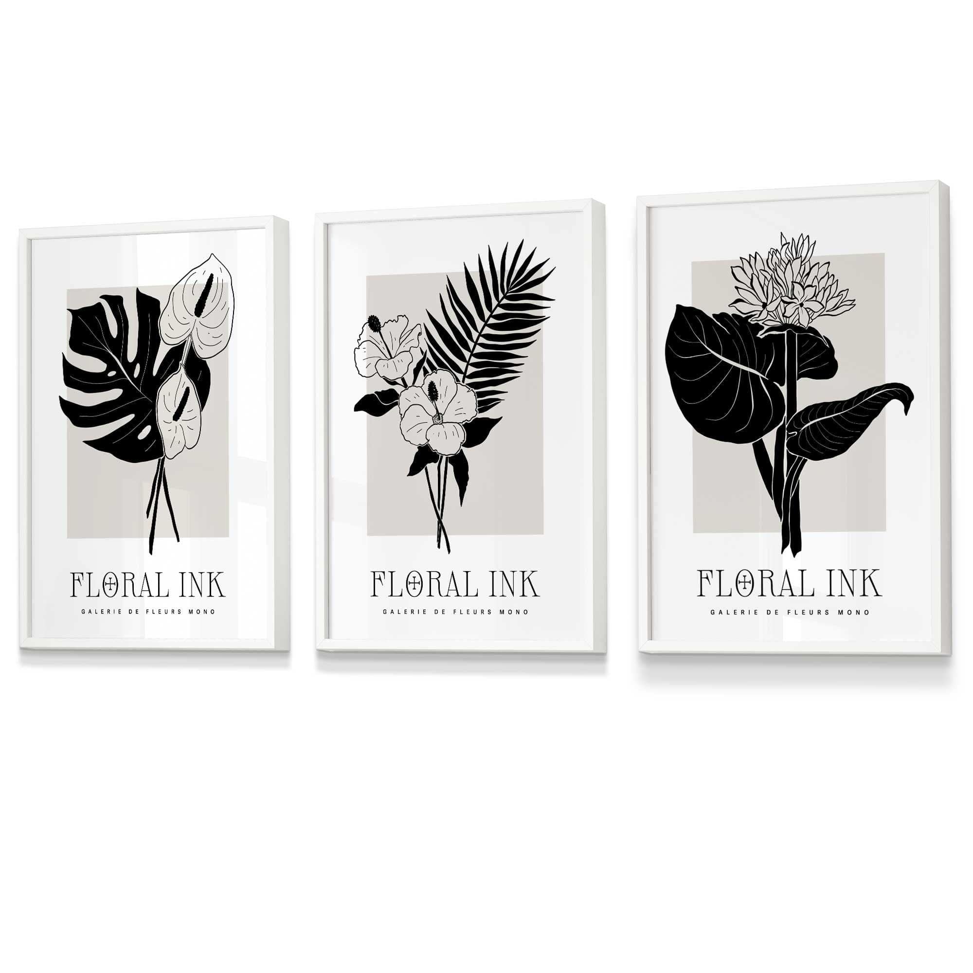 Set of 3 Floral Sketch Ink Botanical Leaves in Black and Beige Wall Art Prints Neutral FRAMED Wall Art Posters