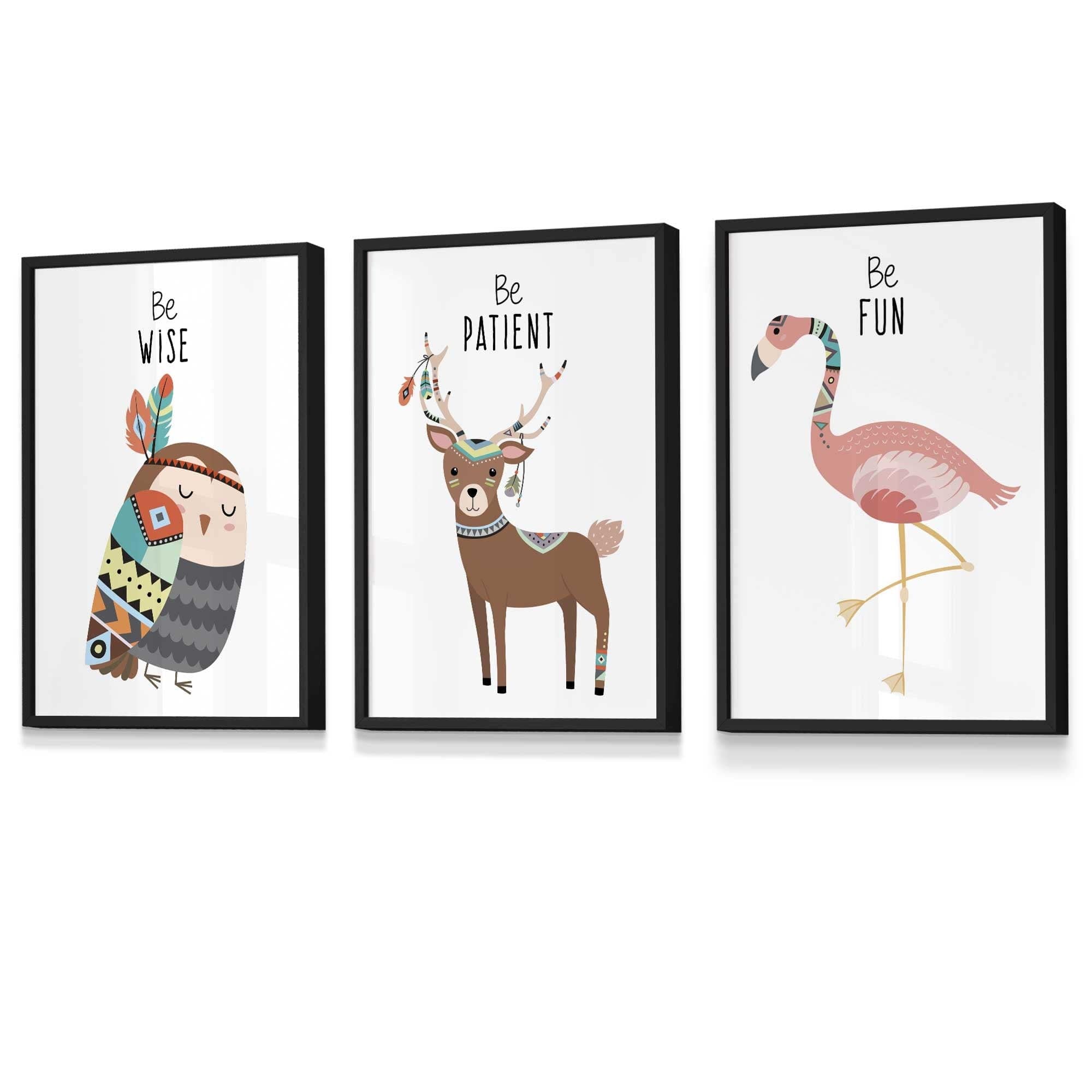 NURSERY Prints Set of 3 Tribal Wall Art Quote Prints Be Wise Owl Deer Flamingo / FRAMED Kids Wall Art / 427