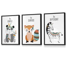 NURSERY Prints Set of 3 Panda, Fox, Zebra Tribal Quote Be Curious Prints FRAMED Kids Wall Art 425