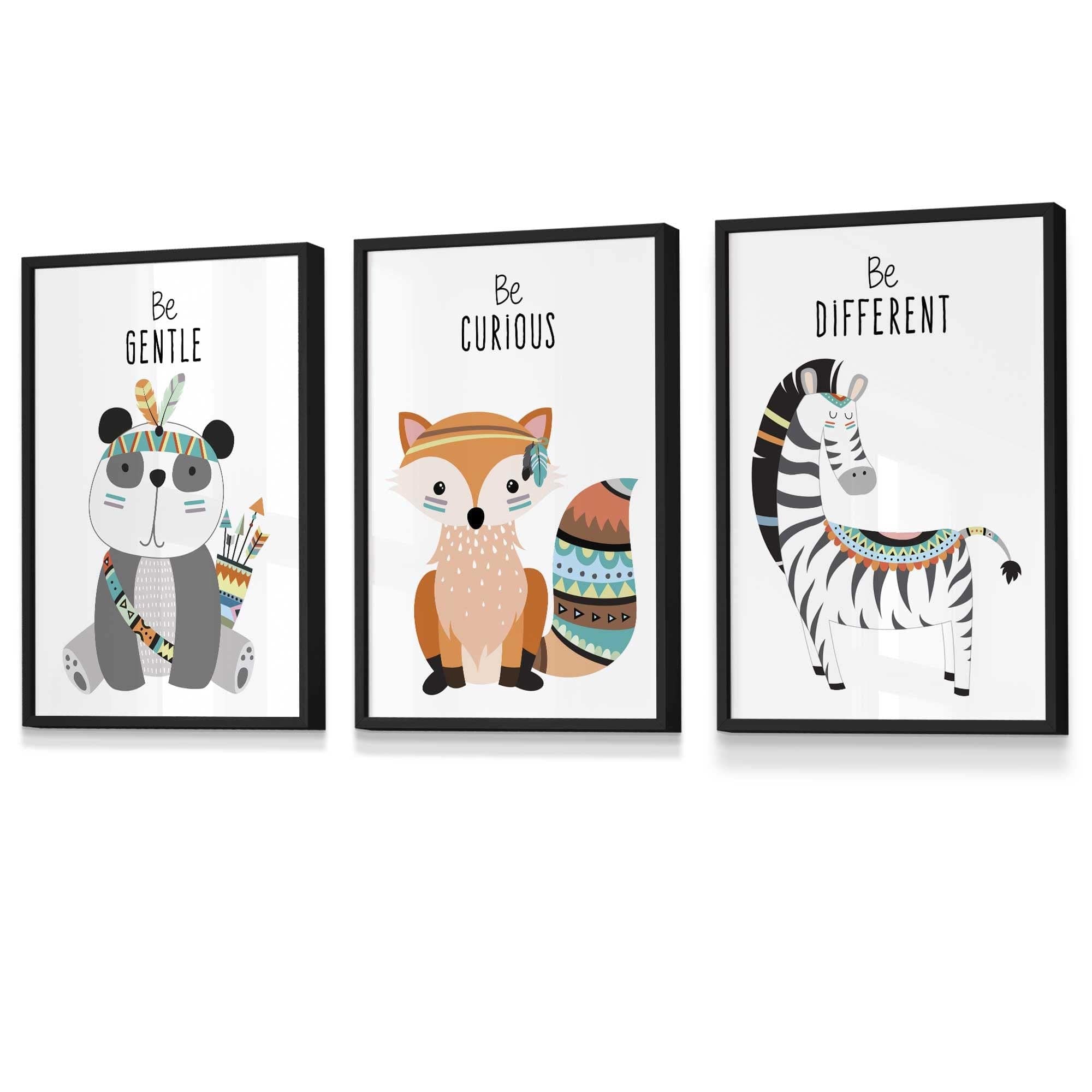 NURSERY Prints Set of 3 Panda, Fox, Zebra Tribal Quote FRAMED Kids Wall Art | Artze Wall Art UK