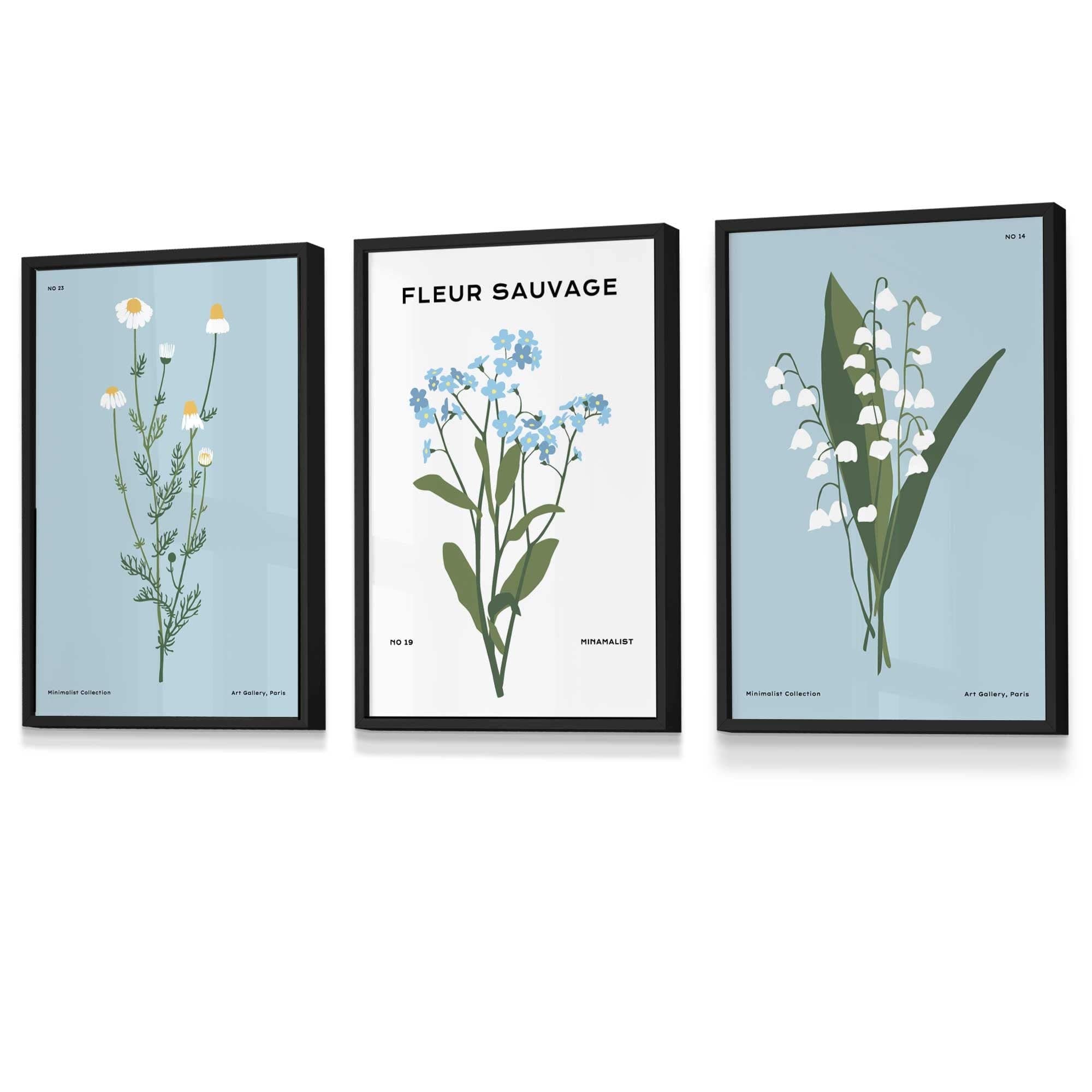 Set of 3 Vintage Graphical Blue Spring Wild Flower Market FRAMED Wall Art Prints / Posters