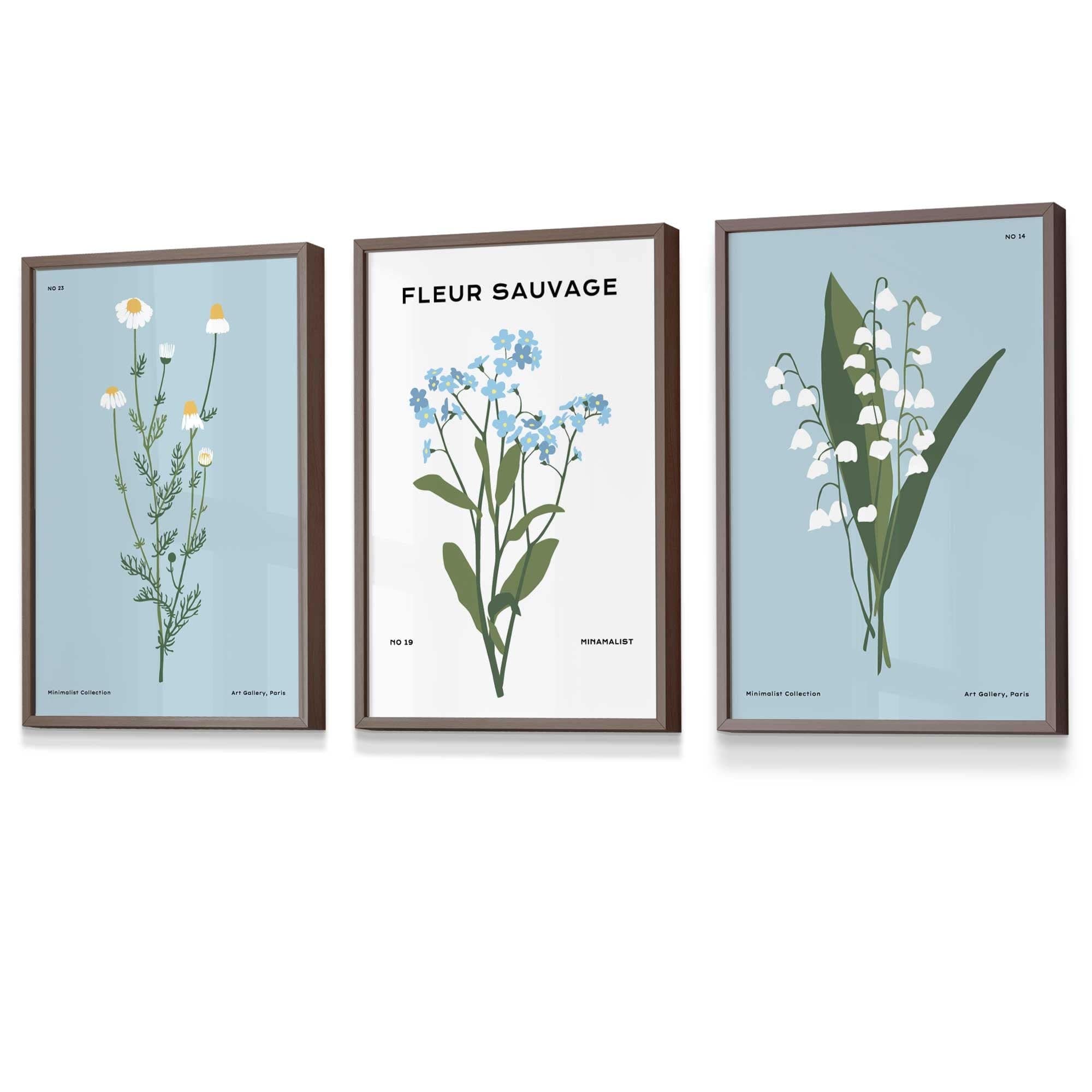 Set of 3 Vintage Graphical Blue Spring Wild Flower Market FRAMED Wall Art Prints / Posters