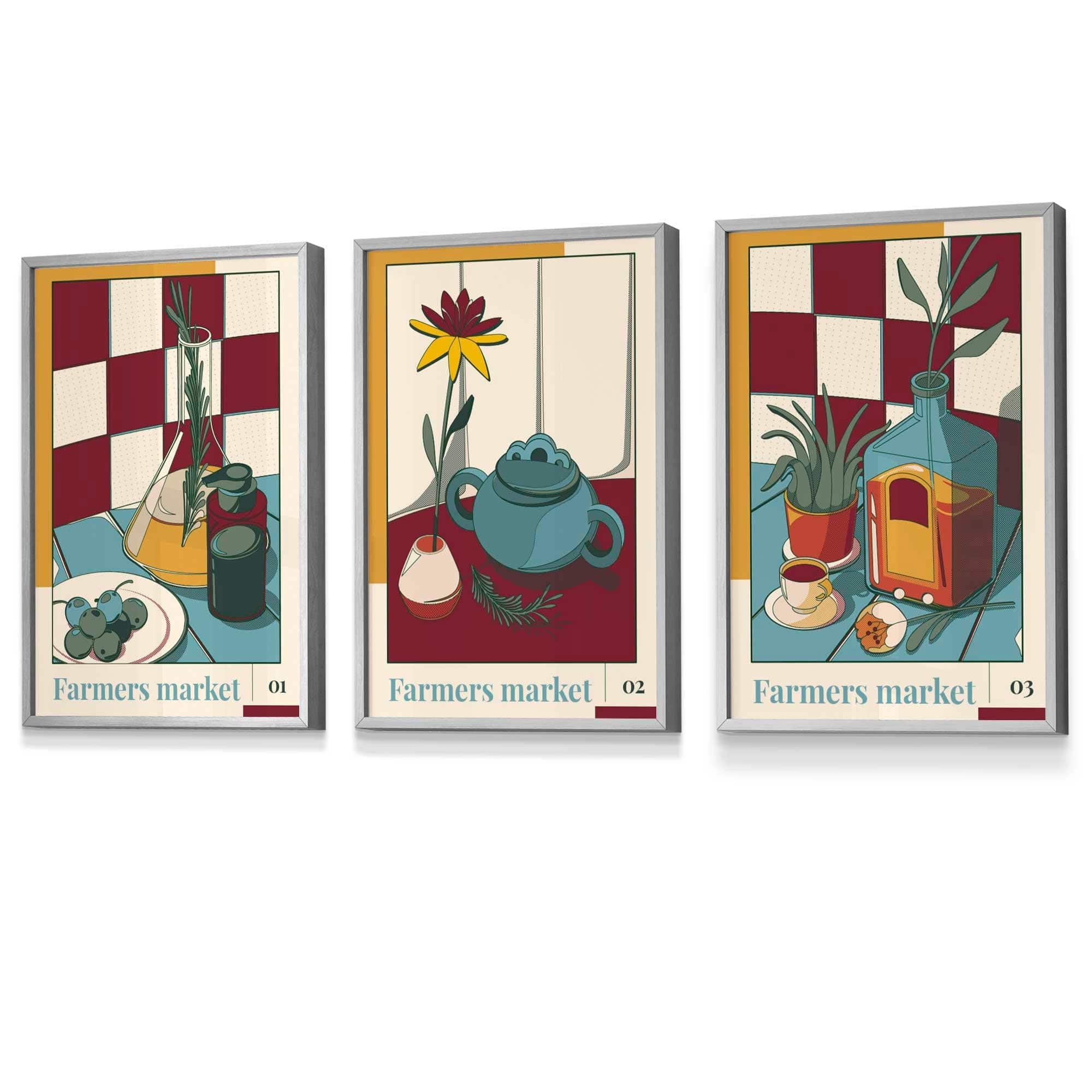 Set of 3 Vintage Kitchen Damson Red, Blue and Yellow Farmers Market FRAMED Wall Art Prints / Posters AW23 Colours
