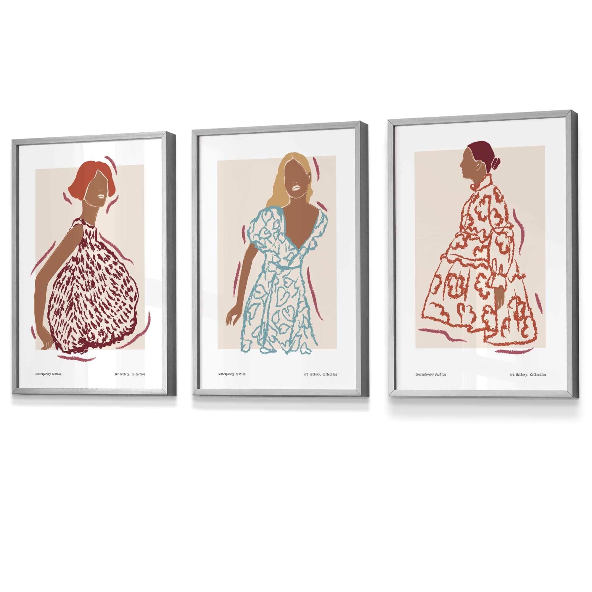 Set of 3 Fashion Figures FRAMED Wall Art Prints / Posters Damson Red, Blue and Yellow Contemporary Gallery AW23 Colours