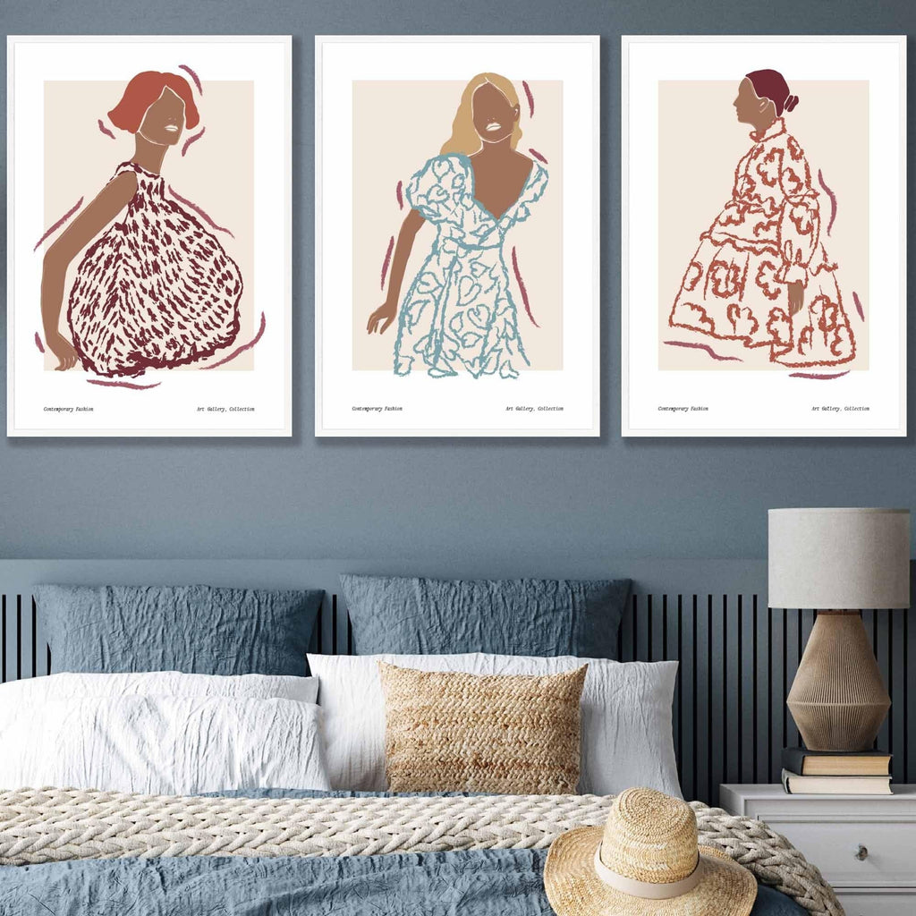 Set of 3 Fashion Figures FRAMED Wall Art Prints / Posters Damson Red, Blue and Yellow Contemporary Gallery AW23 Colours