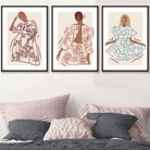 Set of 3 FRAMED Sketch Fashion Models in Damson Red, Blue and Orange / AW23 Autumn Colours