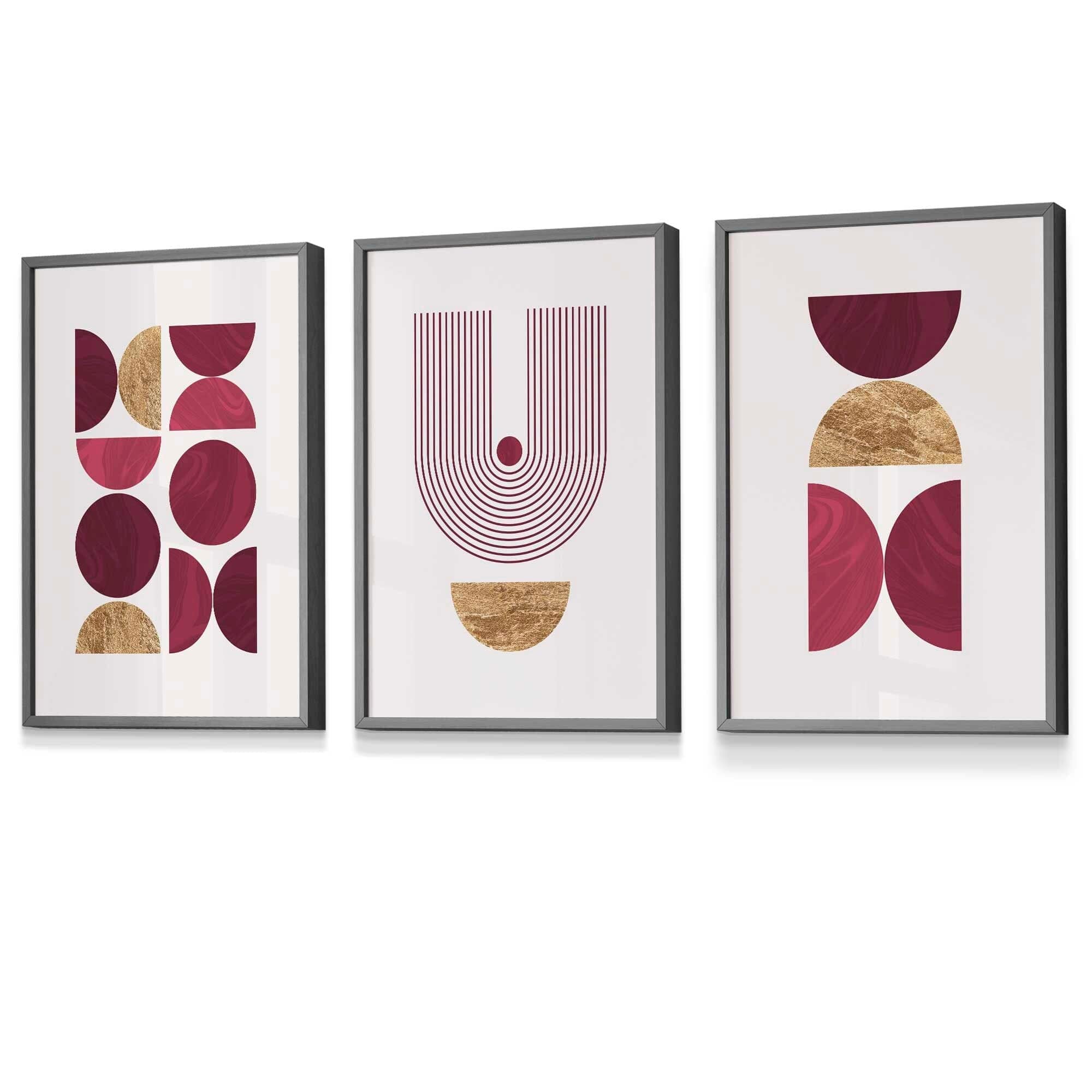Set of 3 Red & Gold Geometric Framed Wall Art Prints | Artze Wall Art UK