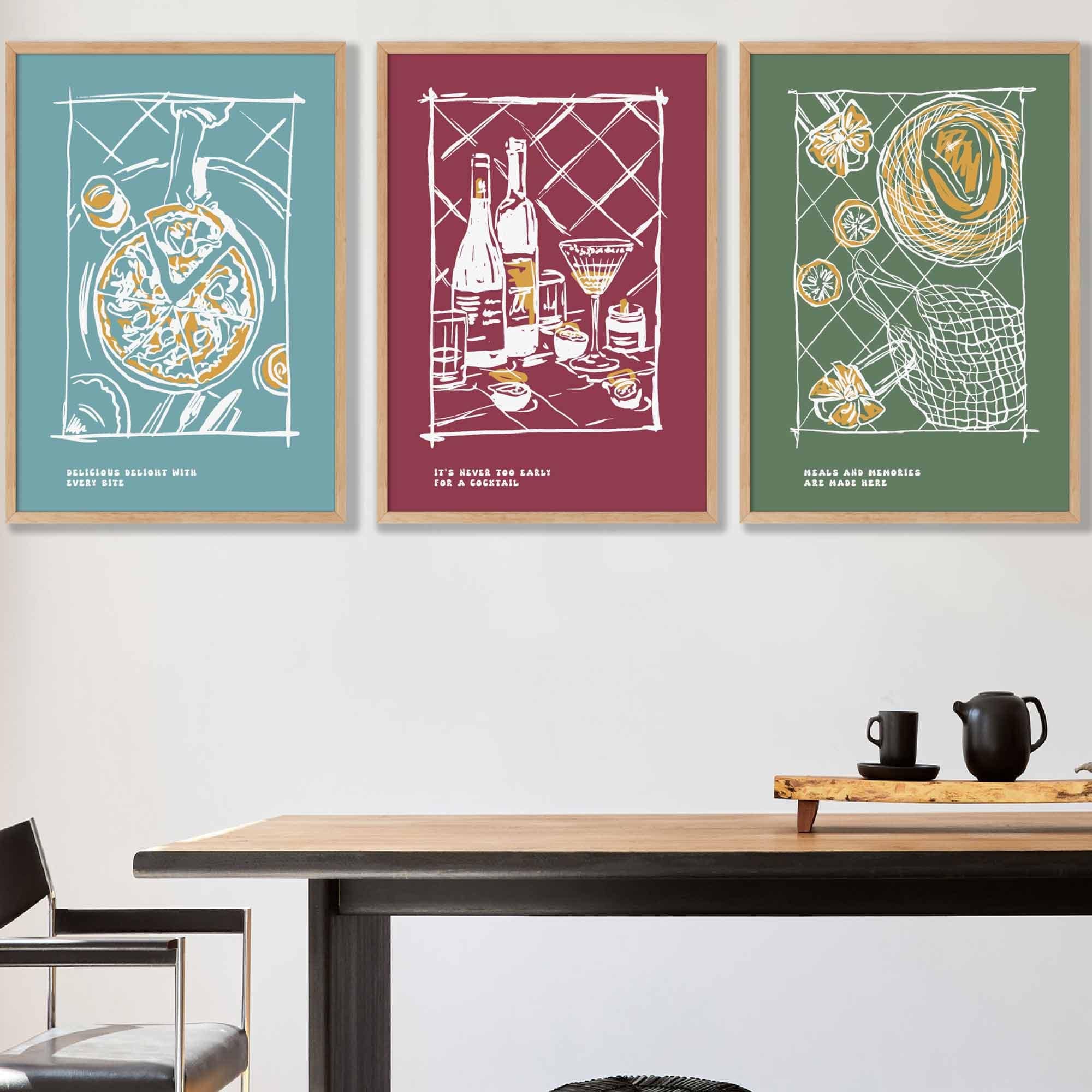 Framed Set of 3 Sketch Line Art Kitchen Quote Prints in Autumn Colours | Artze Wall Art UK