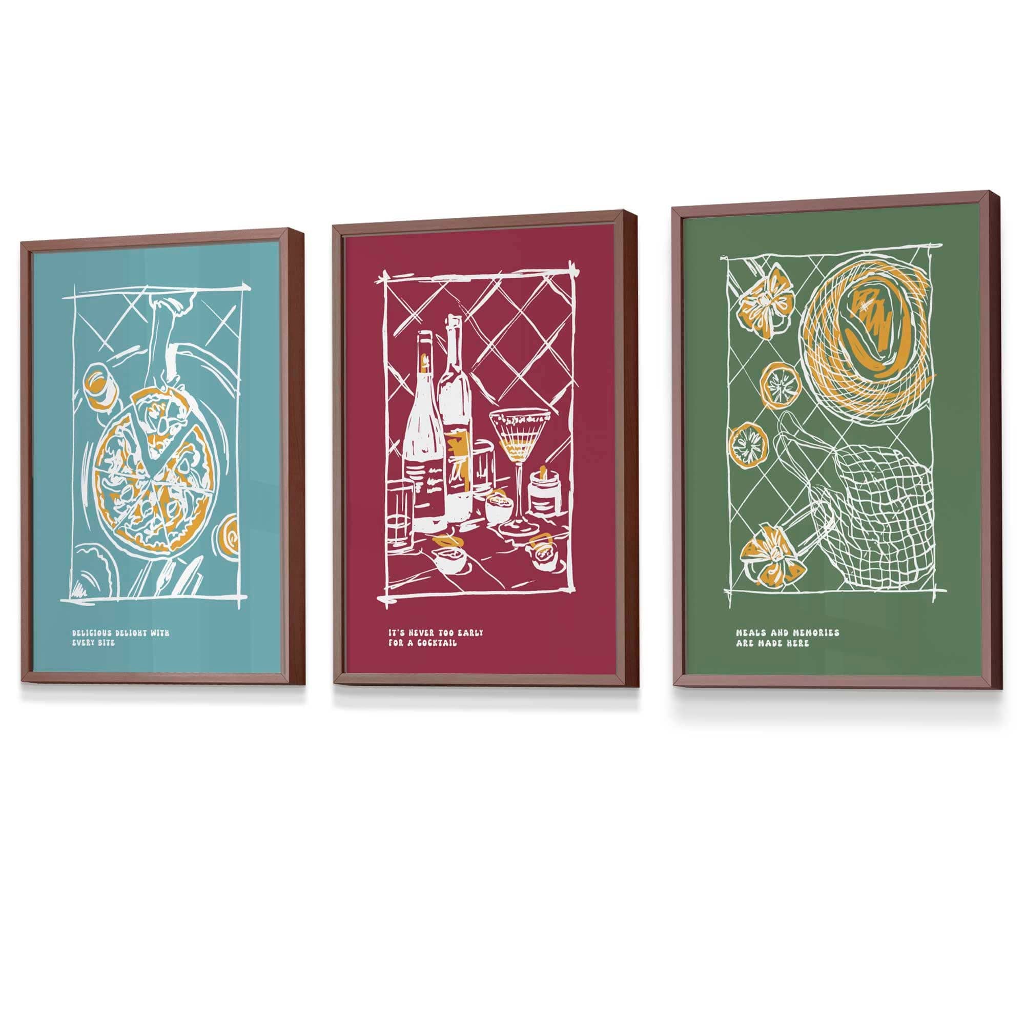 Set of 3 Sketch Line Art Kitchen Quote Prints in Autumn Colours Light Blue, Damson Red and Sage Green / Set 1 FRAMED