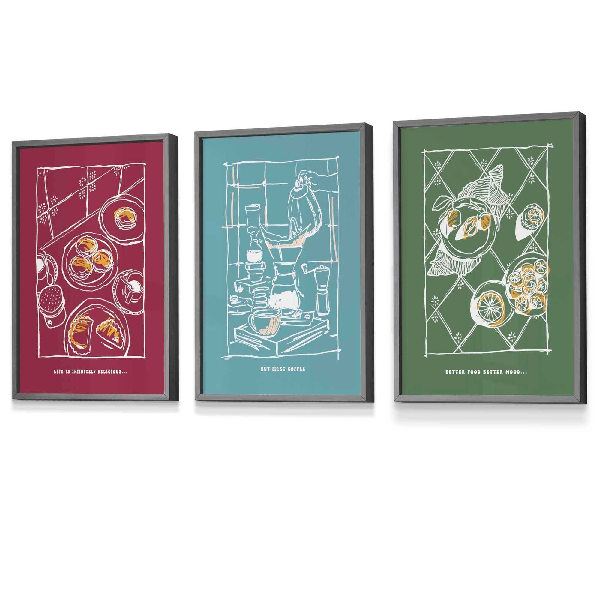 Set of 3 Framed Sketch Line Art Kitchen Quote Prints in Red, Sage Green and Light Blue | Artze Wall Art UK