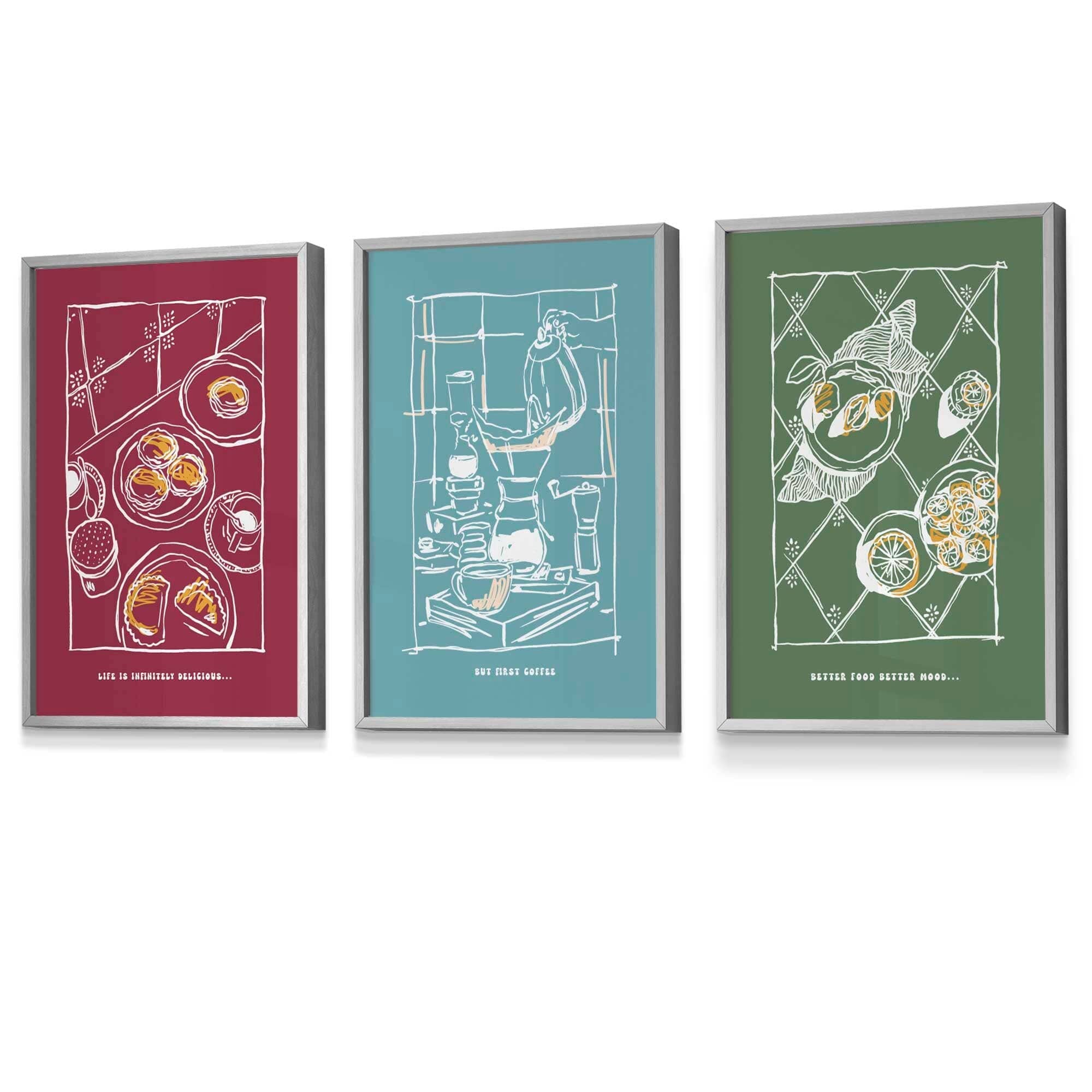 Set of 3 Sketch Line Art Kitchen Quote Prints in Autumn Colours Damson Red, Light Blue and Sage Green Set 3 FRAMED