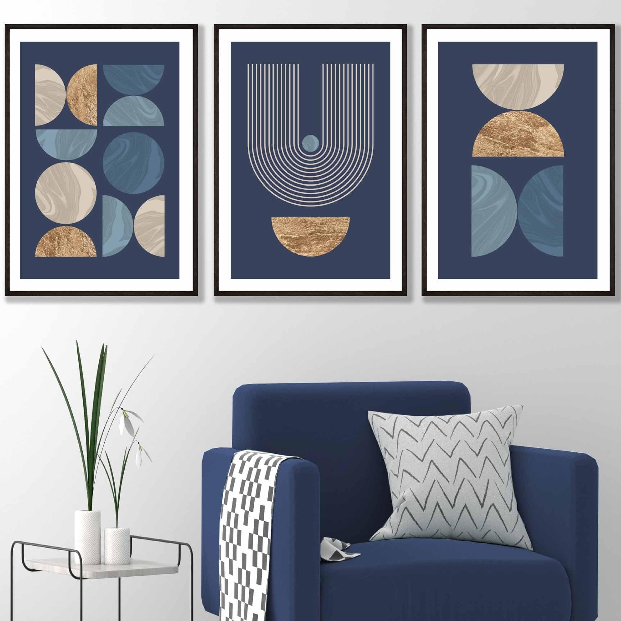 Set of 3 FRAMED Mid Century Modern Geometric Navy Blue with Beige and Gold Wall Art Prints | Artze Wall Art UK