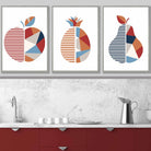 Set of 3 FRAMED Geometric Apple Pineapple Pear Fruit Kitchen Wall Art in Red, Blue and Orange | Artze Wall Art UK