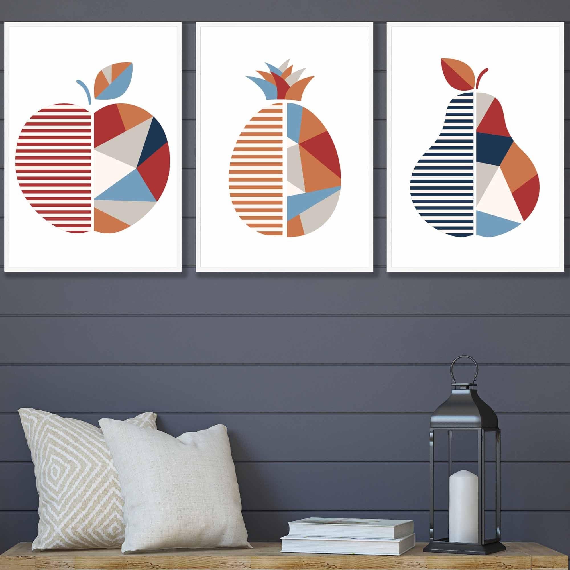 Set of 3 FRAMED Geometric Apple Pineapple Pear Fruit Kitchen Wall Art in Red, Blue and Orange