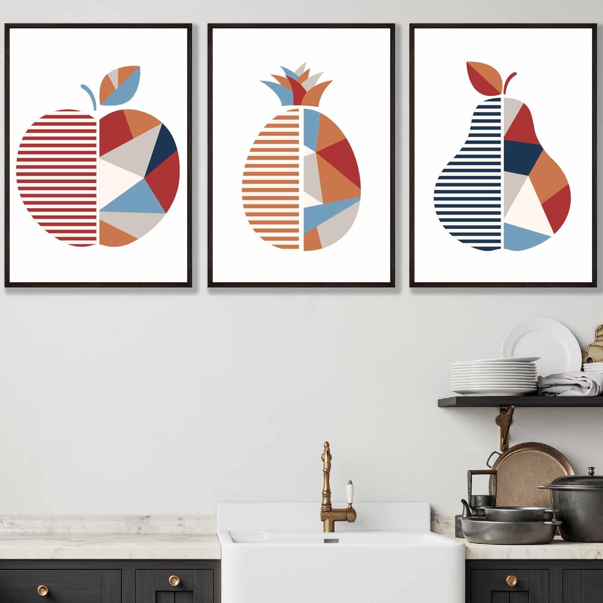 Set of 3 FRAMED Geometric Apple Pineapple Pear Fruit Kitchen Wall Art in Red, Blue and Orange