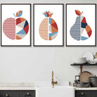 Set of 3 FRAMED Geometric Apple Pineapple Pear Fruit Kitchen Wall Art in Red, Blue and Orange | Artze Wall Art UK