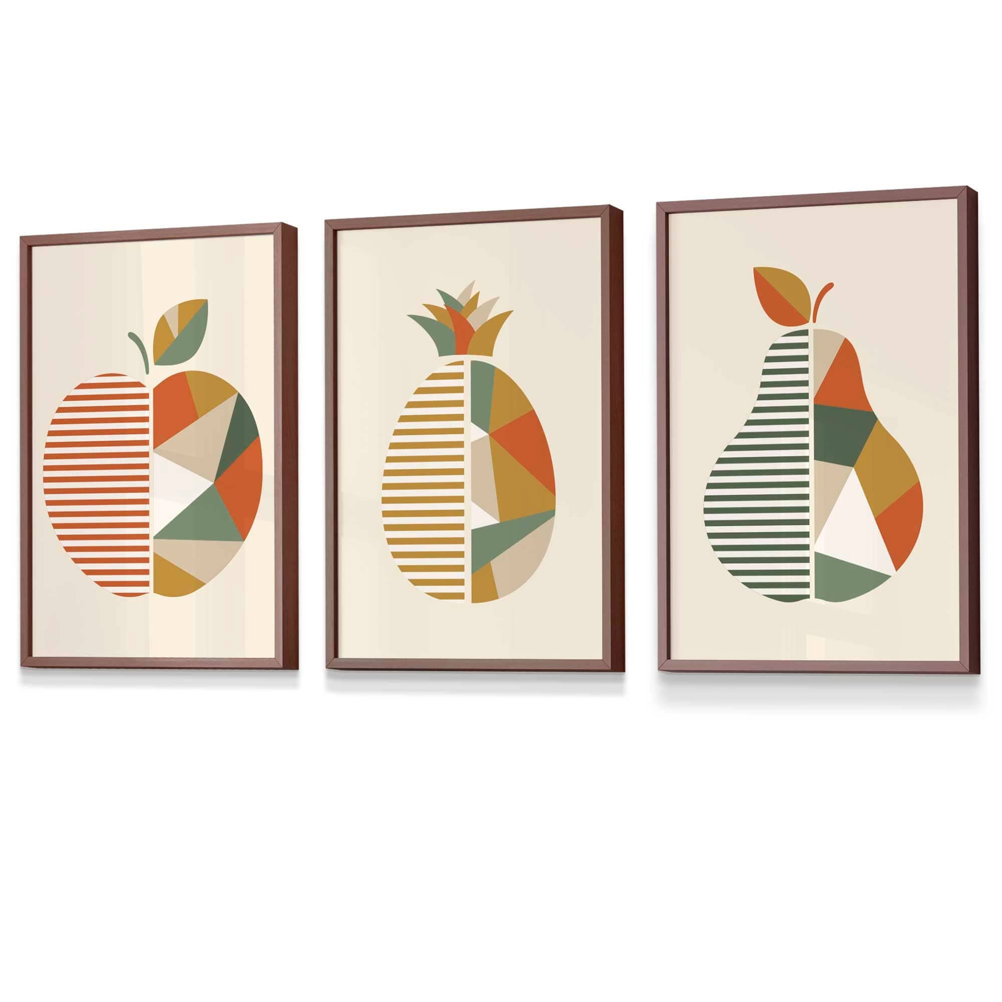 Set of 3 Framed Autumn Geometric Apple Pear Fruit Wall Art in Sage Green, Beige and Orange | Artze Wall Art UK