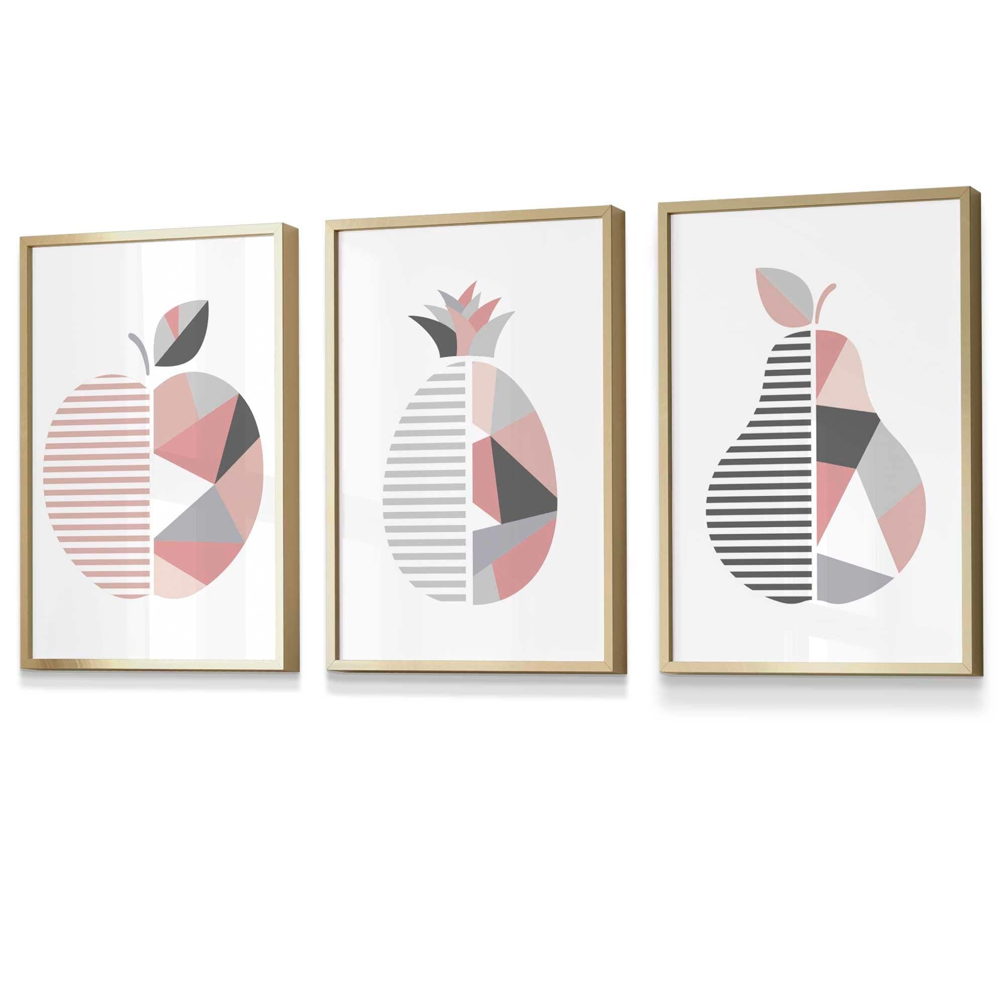 Set of 3 FRAMED Blush Pink and Grey Geometric Line Wall Art Fruit Featuring Apple Pear and Pineapple