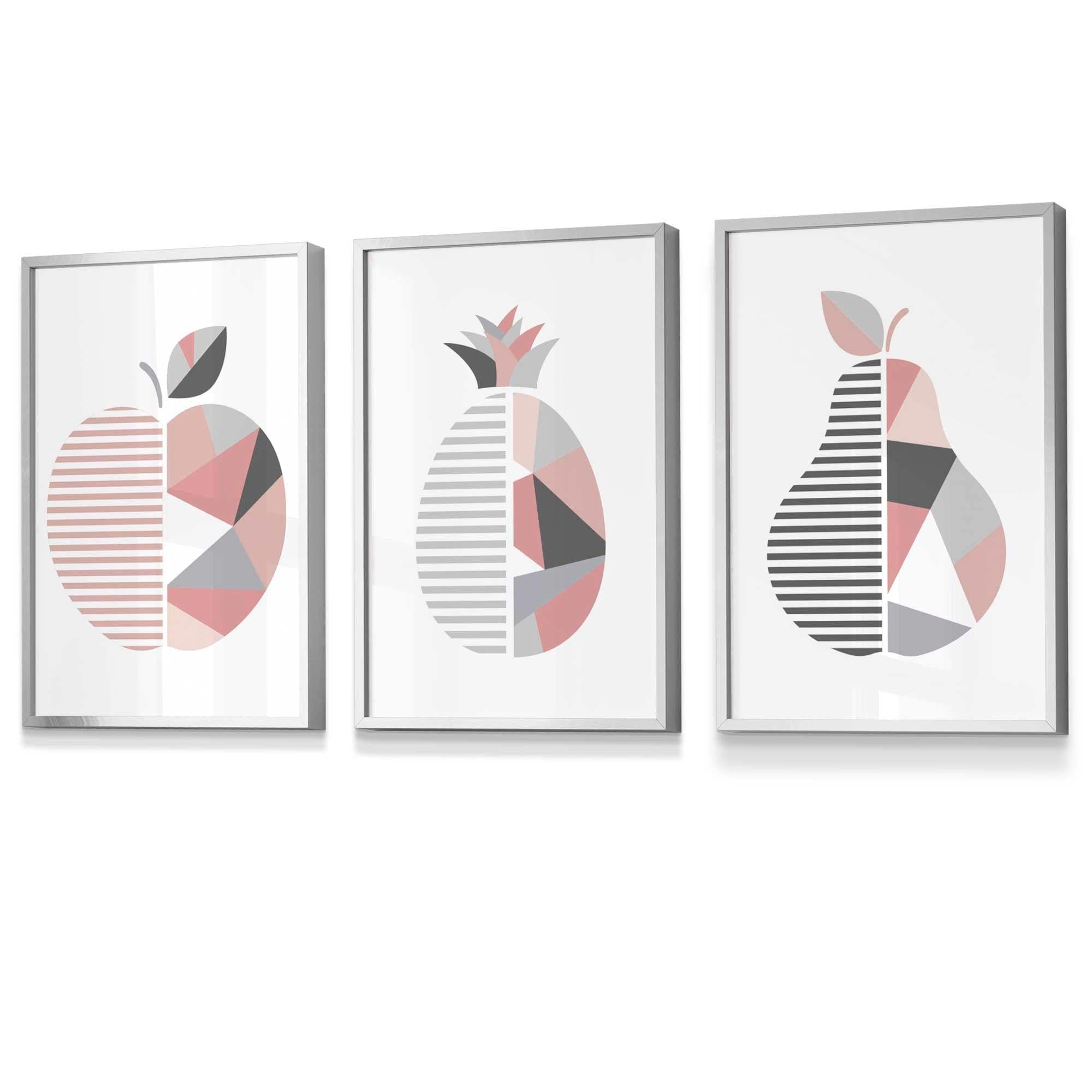 Set of 3 FRAMED Blush Pink and Grey Geometric Line Wall Art Fruit Featuring Apple Pear and Pineapple | Artze Wall Art UK