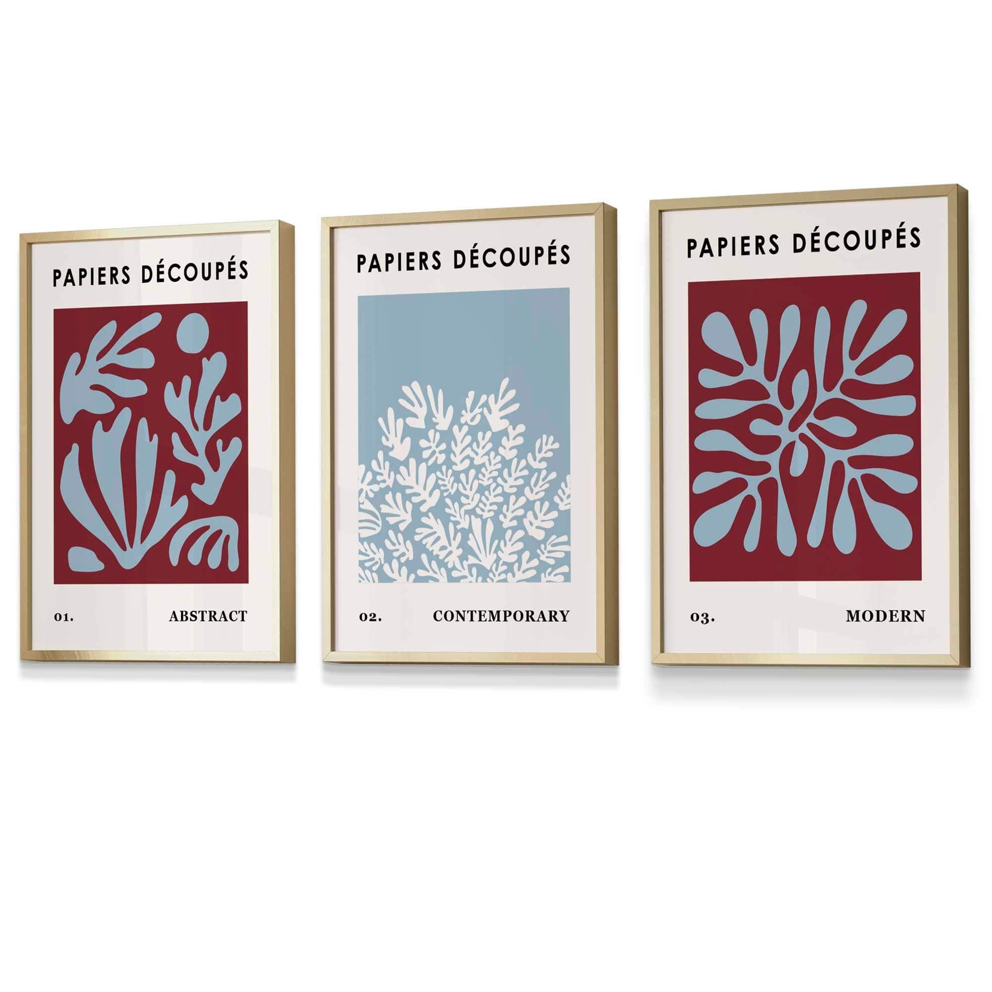 Matisse Floral Set of 3 FRAMED Wall Art Prints in Purple and Blue with Ivory Henri Matisse Cutouts Mid Century Modern