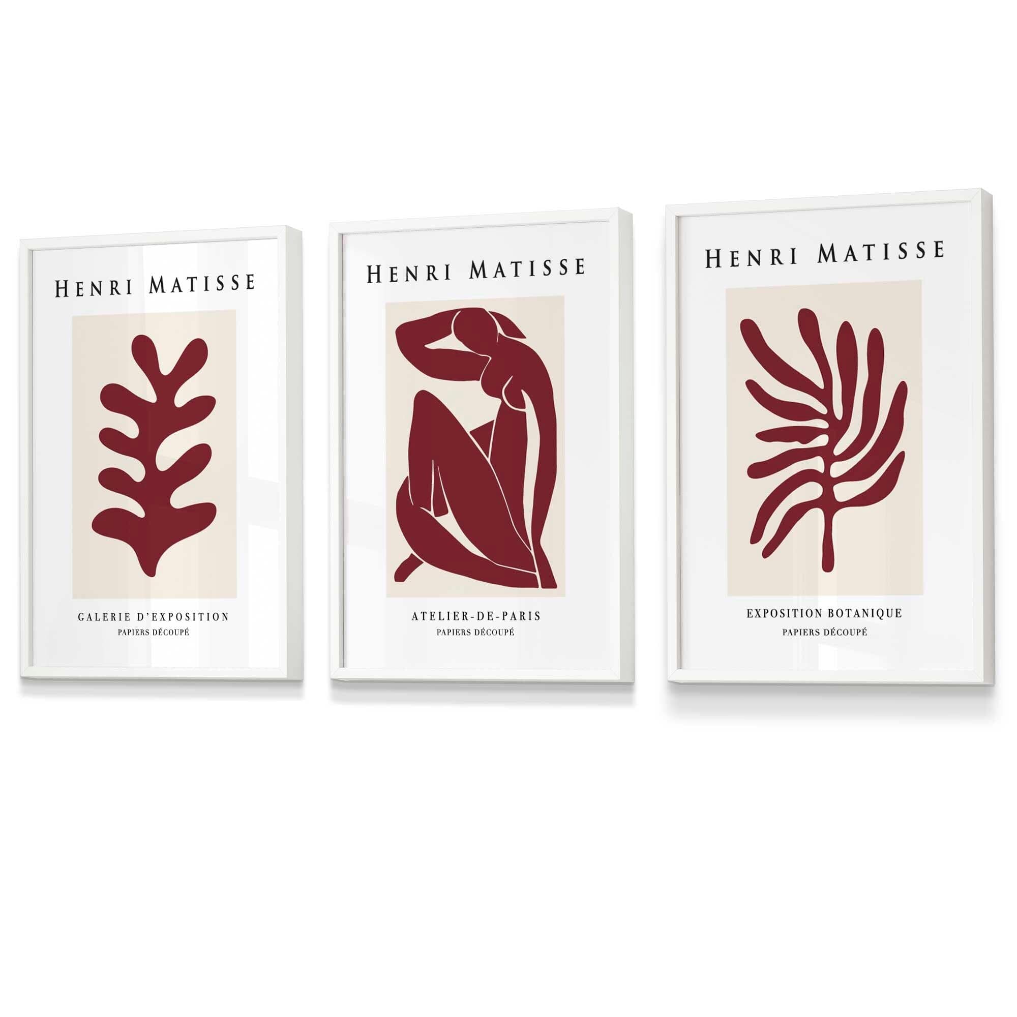 Matisse Floral and Nude Set of 3 FRAMED Wall Art Prints in Red and Beige Henri Matisse Cutouts Mid Century Modern