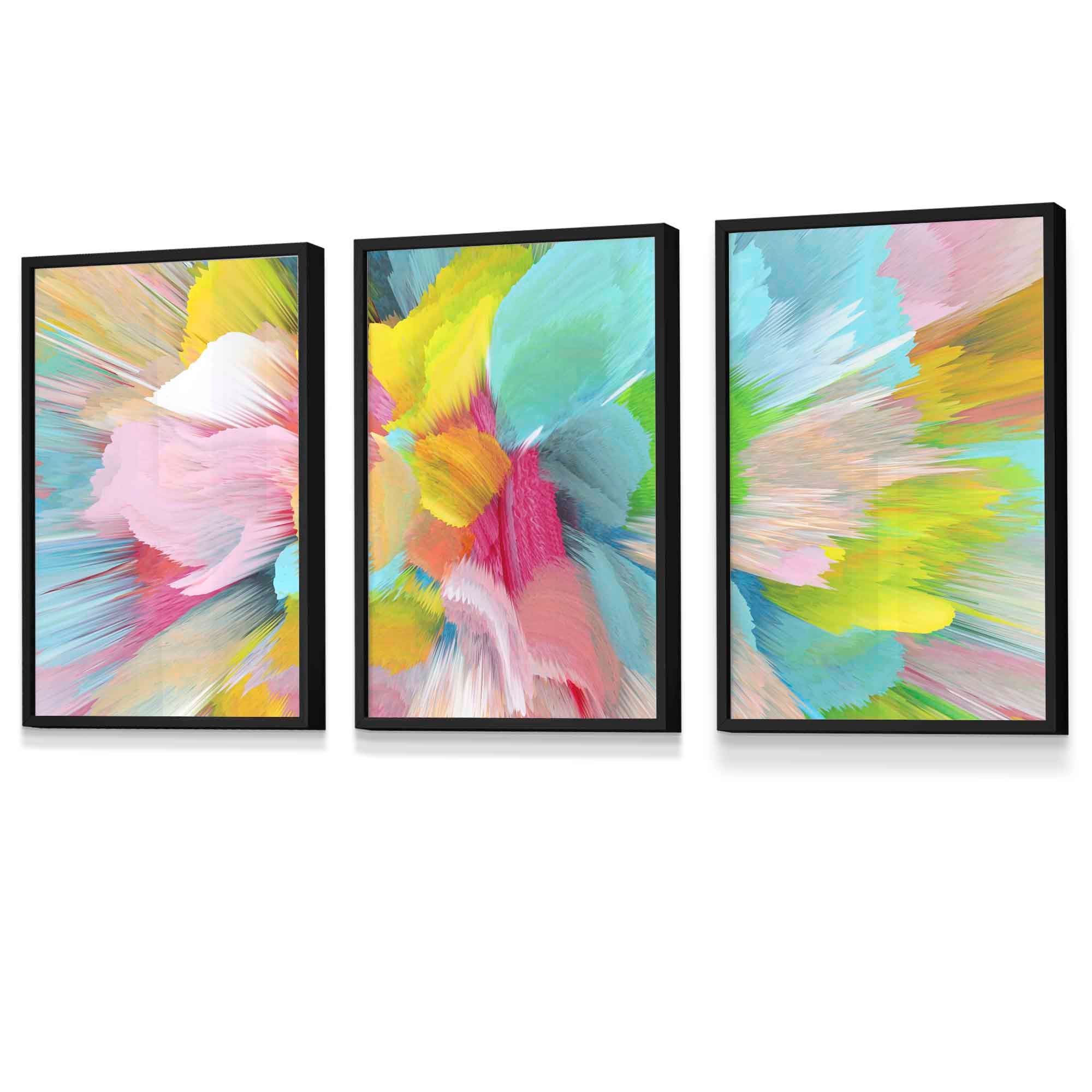 Set of 3 Abstract Bright Painted Fractal Wall Art Prints Framed Colourful Posters | Artze Wall Art UK