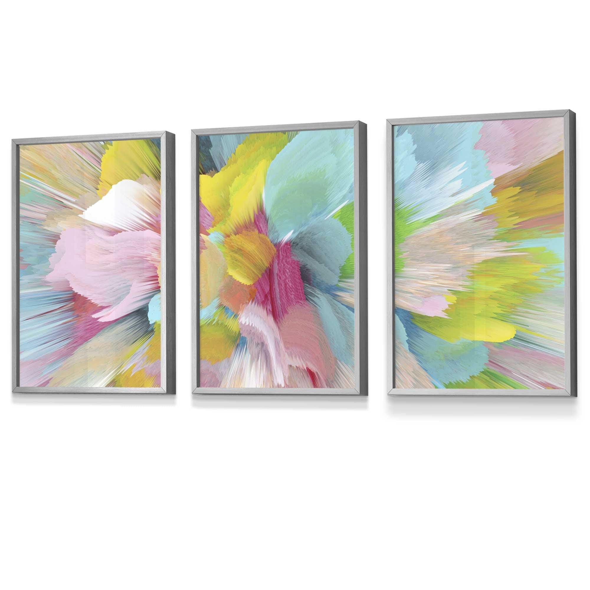 Set of 3 Abstract Bright Painted Fractal Wall Art Prints Framed Colourful Posters Blue Pink Yellow