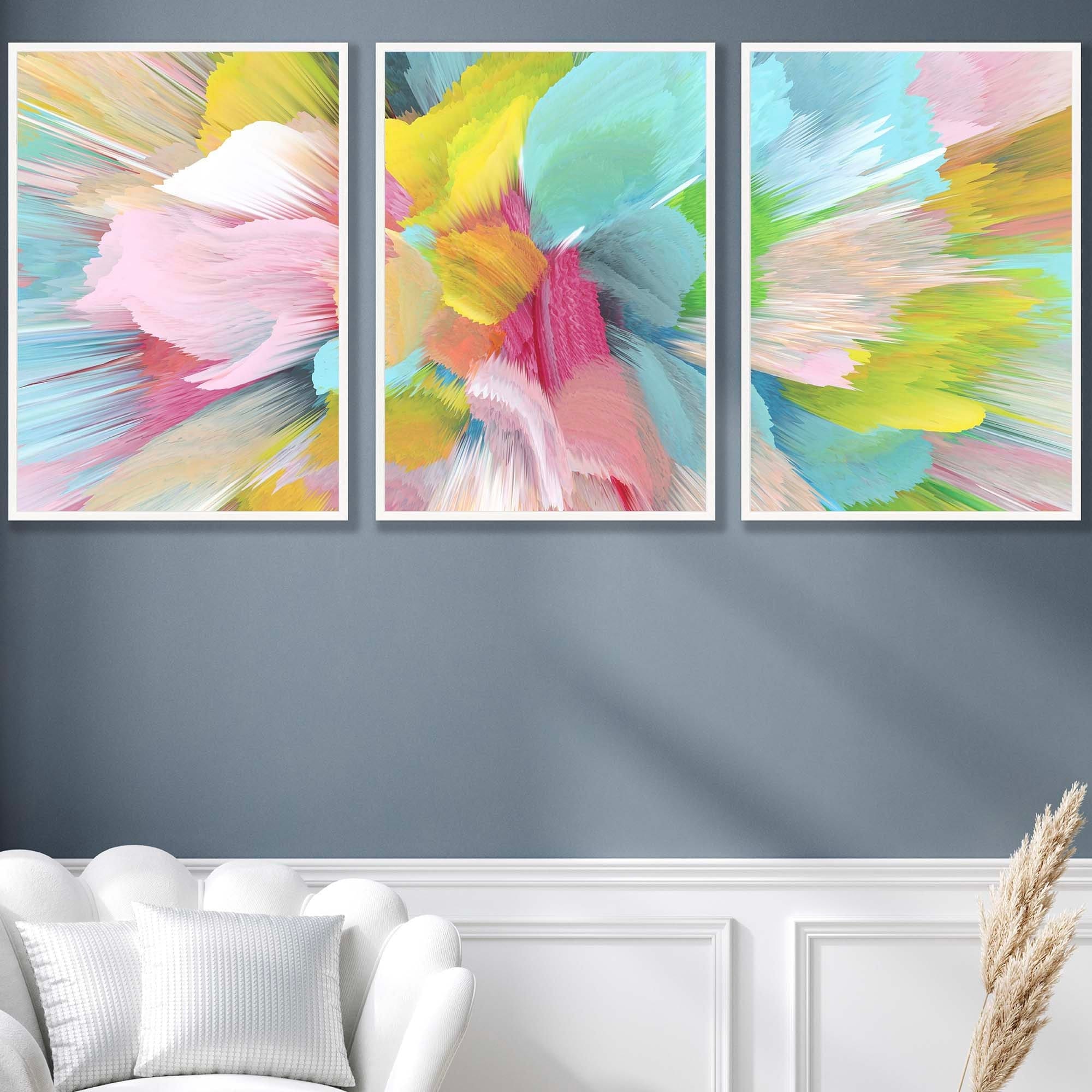 Set of 3 Abstract Bright Painted Fractal Wall Art Prints Framed Colourful Posters | Artze Wall Art UK