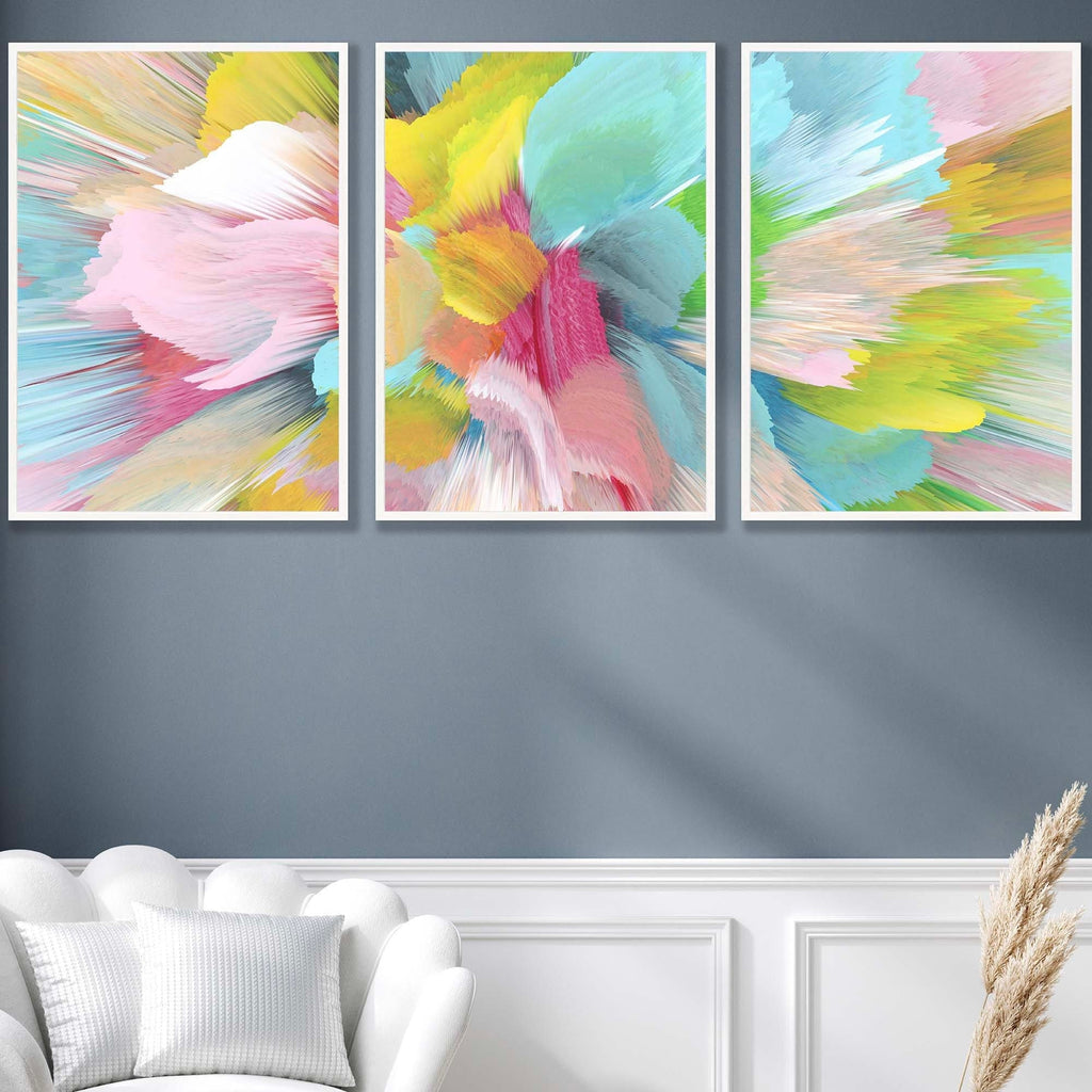 Set of 3 Abstract Bright Painted Fractal Wall Art Prints Framed Colourful Posters Blue Pink Yellow