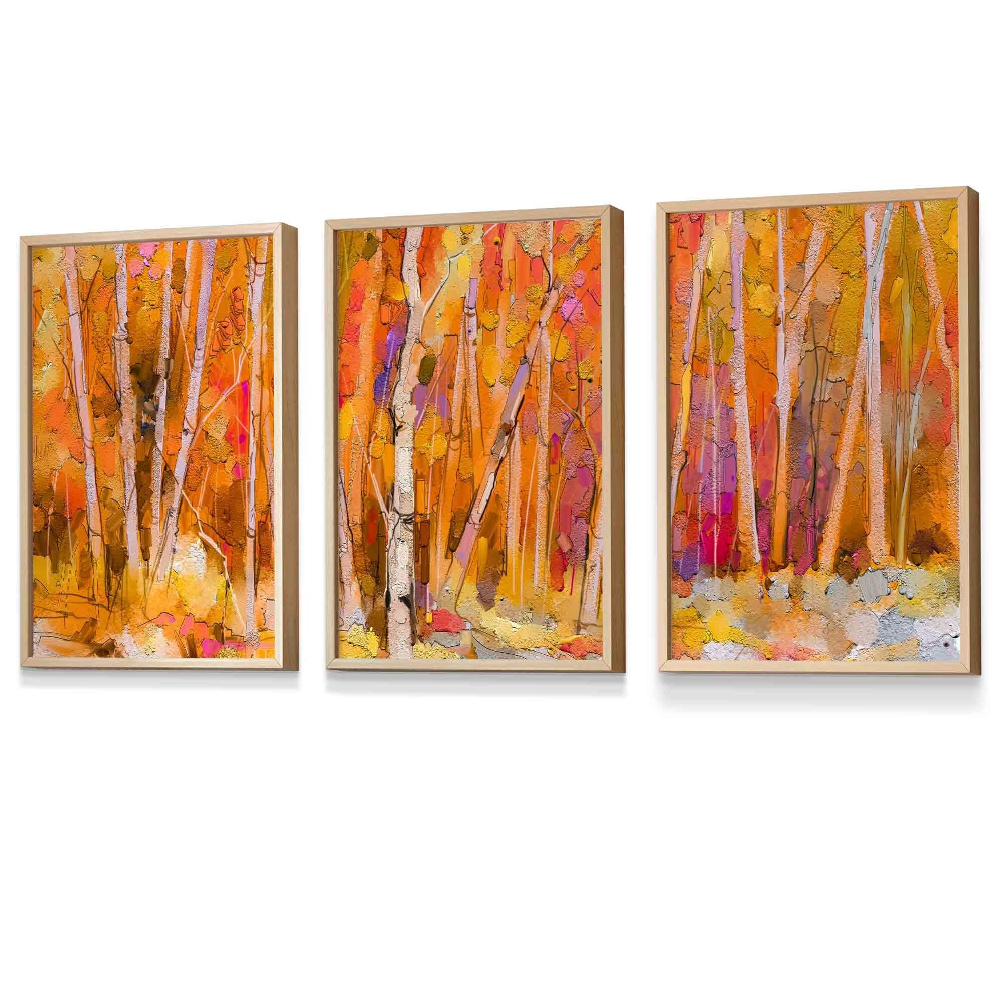 FRAMED Set of 3 Abstract Autumn Trees in Orange Wall Art Prints | Artze Wall Art UK
