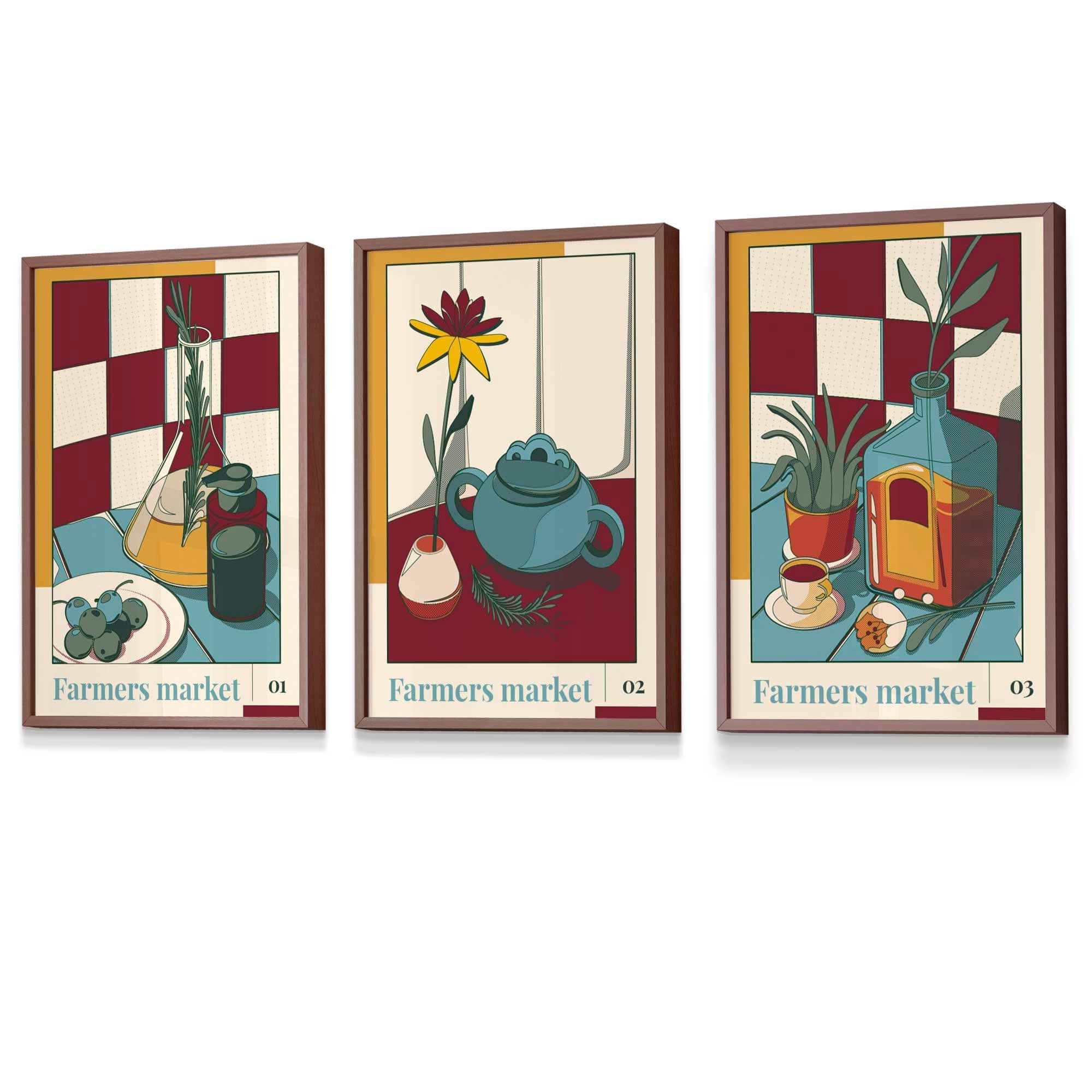 Set of 3 Vintage Kitchen Damson Red, Blue and Yellow Farmers Market FRAMED Wall Art Prints / Posters AW23 Colours