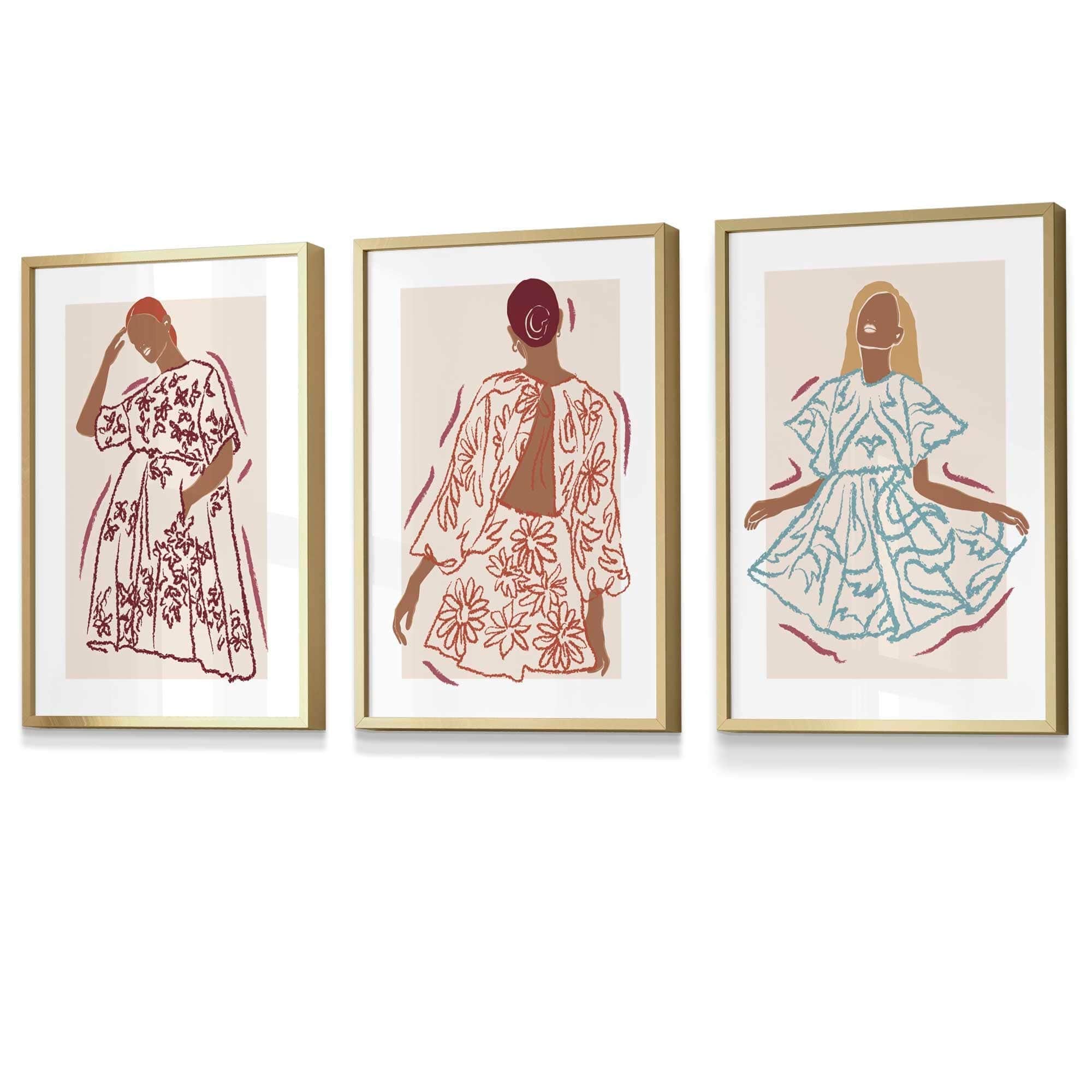 Set of 3 Framed Sketch Fashion Women in Autumn Colours | Artze Wall Art UK