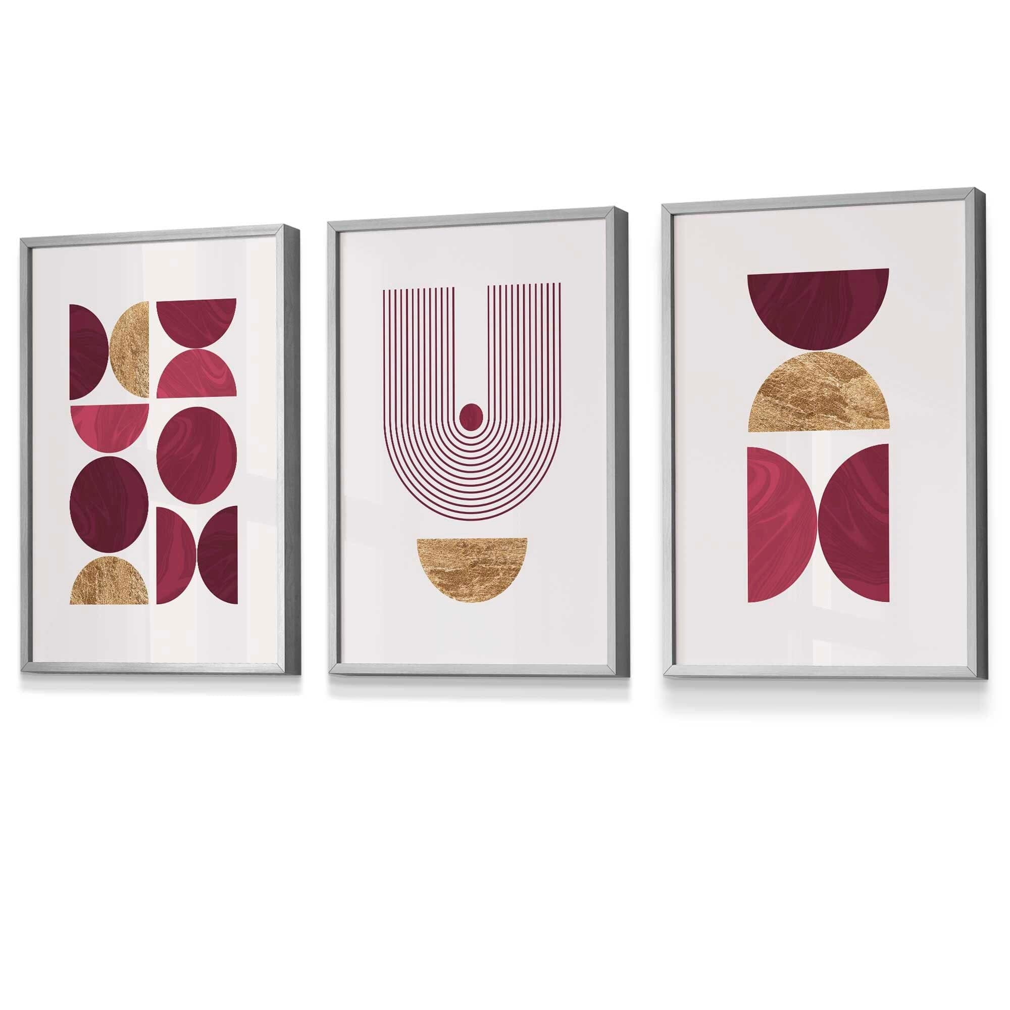 Set of 3 Red & Gold Geometric Framed Wall Art Prints | Artze Wall Art UK