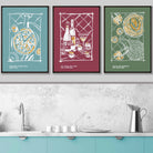 Set of 3 Sketch Line Art Kitchen Quote Prints in Autumn Colours Light Blue, Damson Red and Sage Green / Set 1 FRAMED