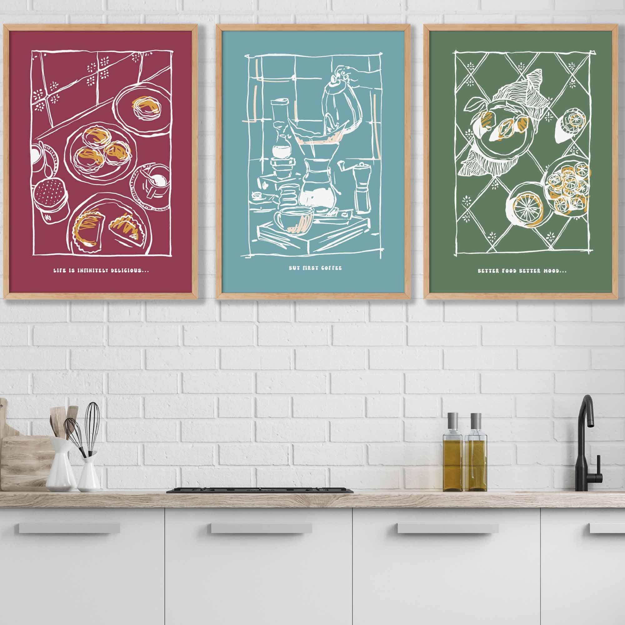 Set of 3 Sketch Line Art Kitchen Quote Prints in Autumn Colours Damson Red, Sage Green and Light Blue Set 2 FRAMED