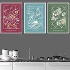 Set of 3 Framed Sketch Line Art Kitchen Quote Prints in Red, Sage Green and Light Blue | Artze Wall Art UK