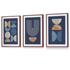 Set of 3 FRAMED Mid Century Modern Geometric Navy Blue with Beige and Gold Wall Art Prints