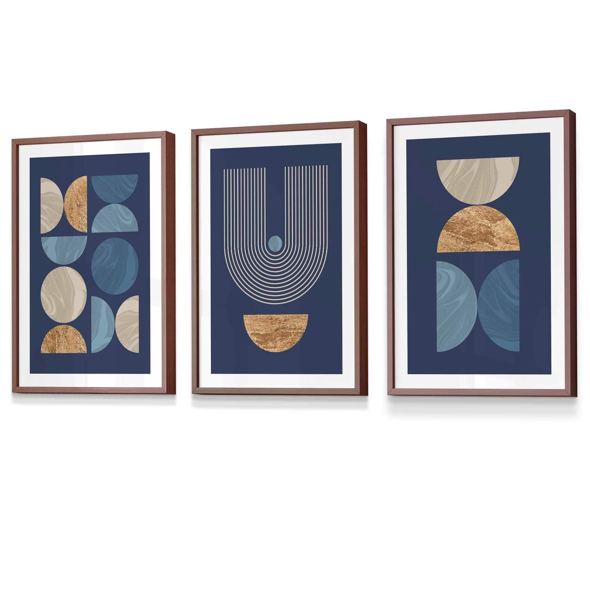 Set of 3 FRAMED Mid Century Modern Geometric Navy Blue with Beige and Gold Wall Art Prints