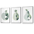 Set of 3 FRAMED Kitchen Wall Art Prints of Geometric Pear, Pineapple and Apple in Shades of Sage Green
