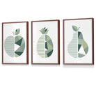 Set of 3  FRAMED Kitchen Wall Art Prints of Geometric Pear, Pineapple and Apple in Shades of Sage Green | Artze Wall Art UK
