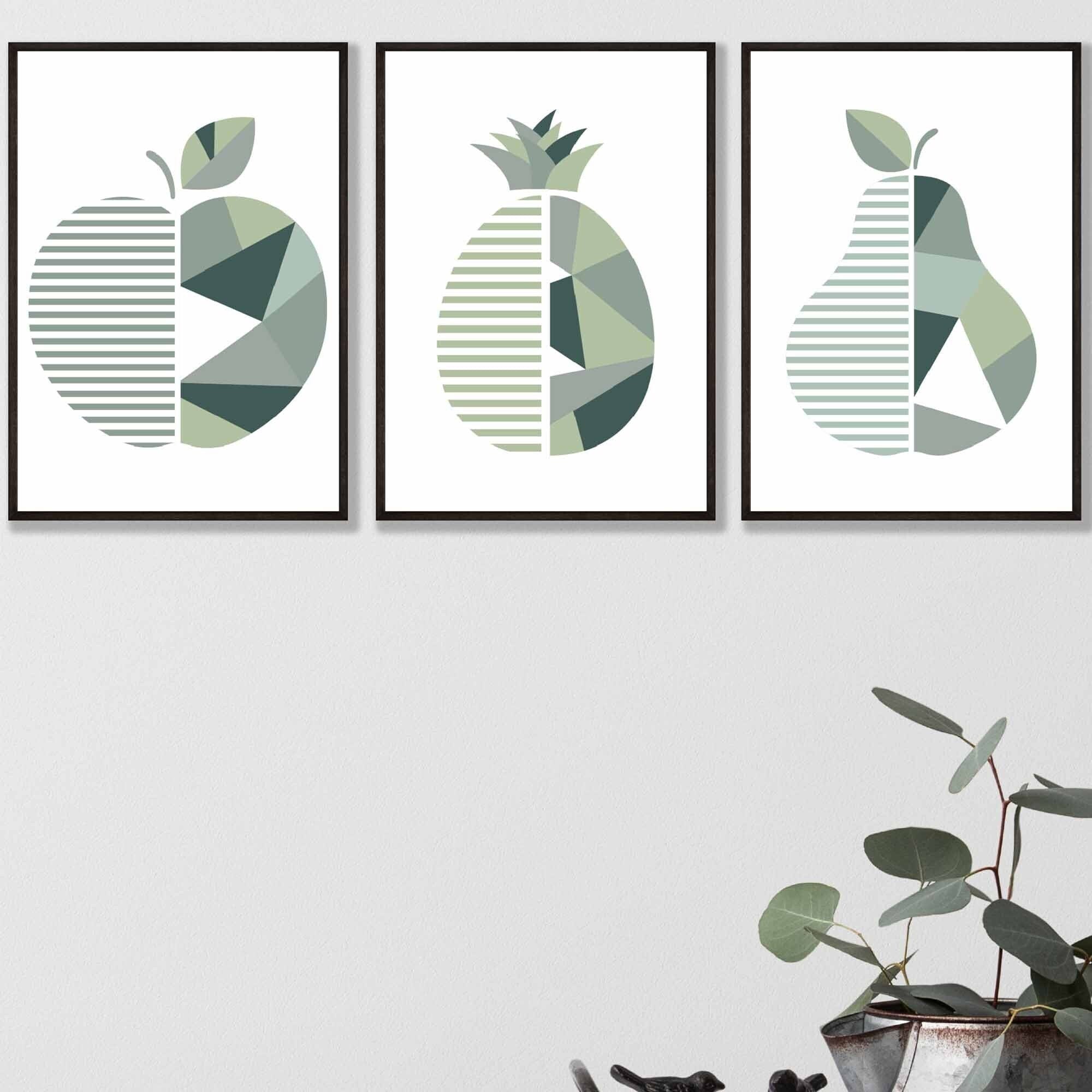 Set of 3  FRAMED Kitchen Wall Art Prints of Geometric Pear, Pineapple and Apple in Shades of Sage Green | Artze Wall Art UK