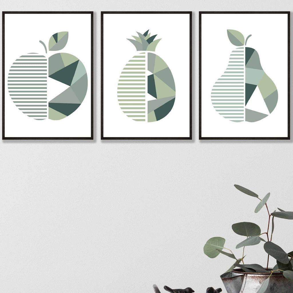 Set of 3 FRAMED Kitchen Wall Art Prints of Geometric Pear, Pineapple and Apple in Shades of Sage Green