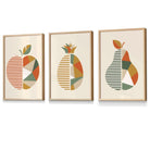 Set of 3 Framed Autumn Geometric Apple Pear Fruit Wall Art in Sage Green, Beige and Orange