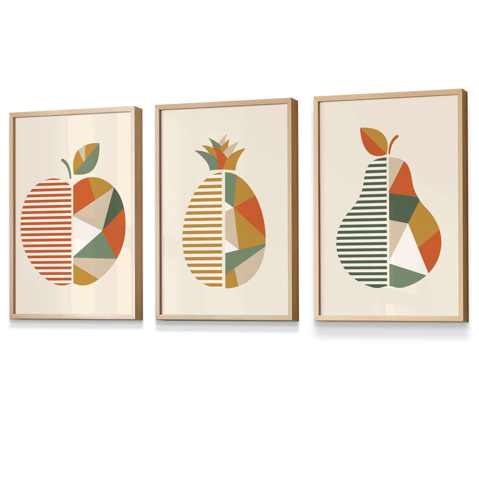 Set of 3 Framed Autumn Geometric Apple Pear Fruit Wall Art in Sage Green, Beige and Orange