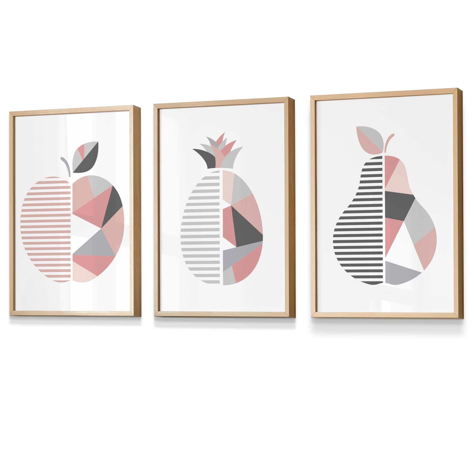 Set of 3 FRAMED Blush Pink and Grey Geometric Line Wall Art Fruit Featuring Apple Pear and Pineapple | Artze Wall Art UK
