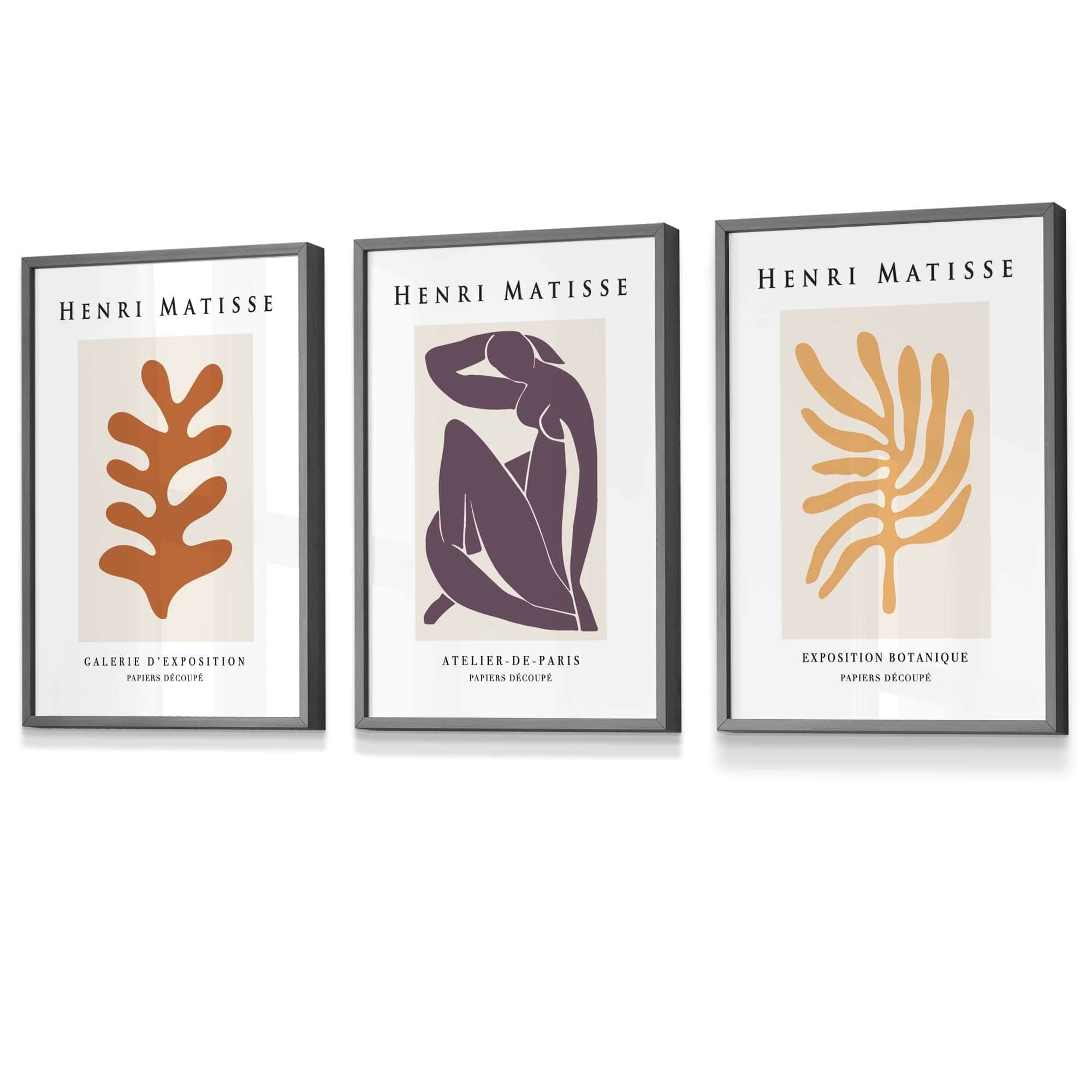 Matisse Floral and Nude Set of 3 FRAMED Wall Art Prints in Purple, Orange and Yellow Henri Matisse Cutouts Mid Century Modern