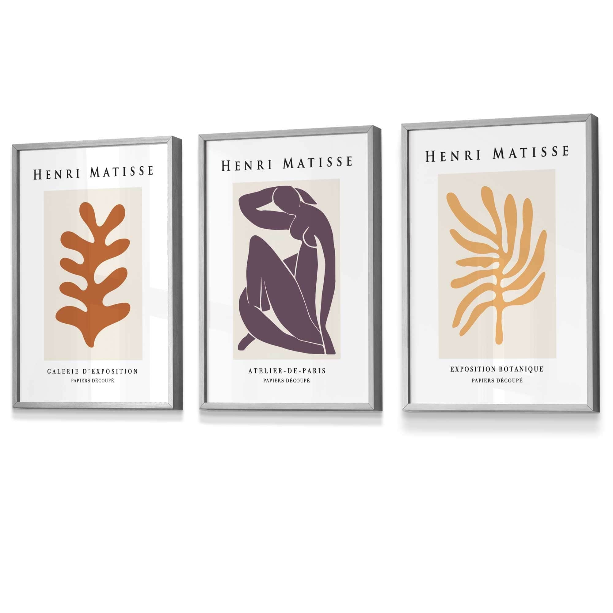 Matisse Floral and Nude Set of 3 FRAMED Wall Art Prints in Purple, Orange and Yellow Henri Matisse Cutouts Mid Century Modern