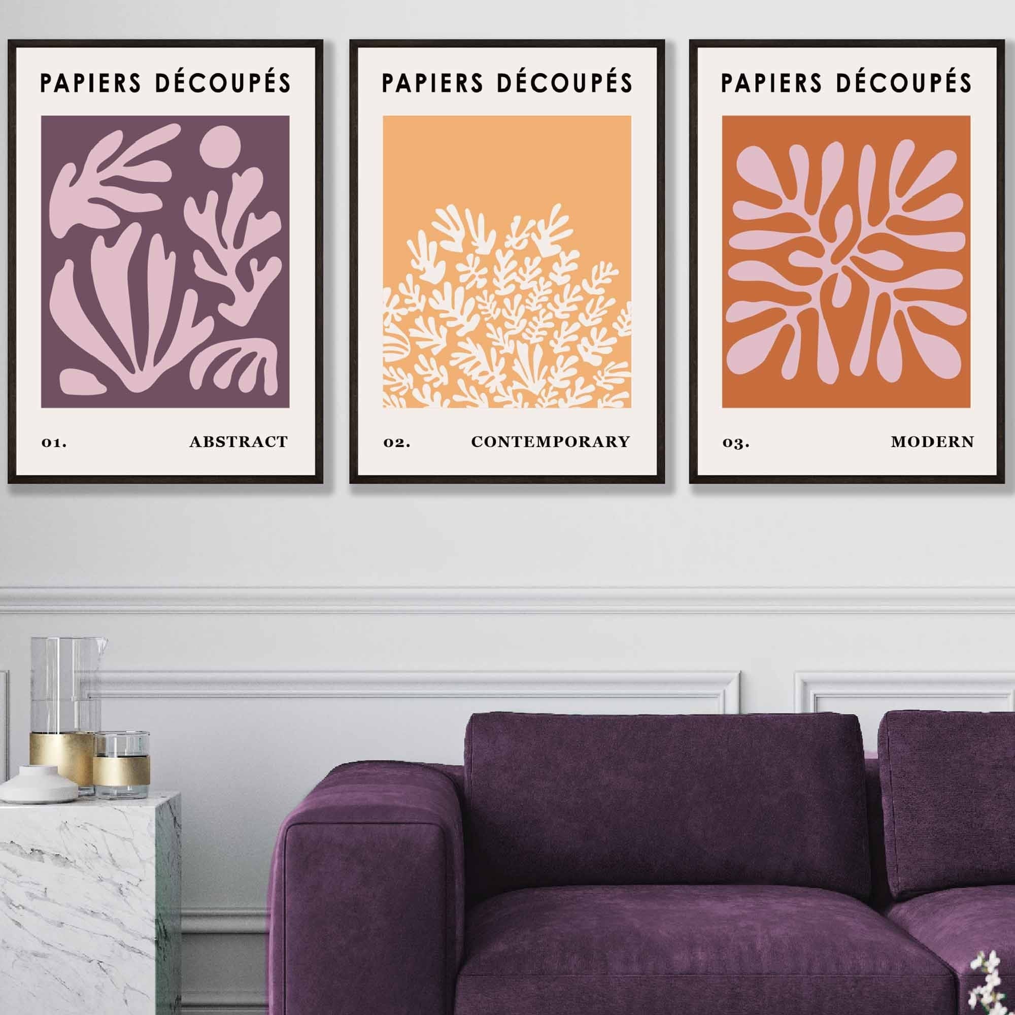 Matisse Floral Set of 3 FRAMED Wall Art Prints in Purple, Orange and Yellow | Artze Wall Art UK