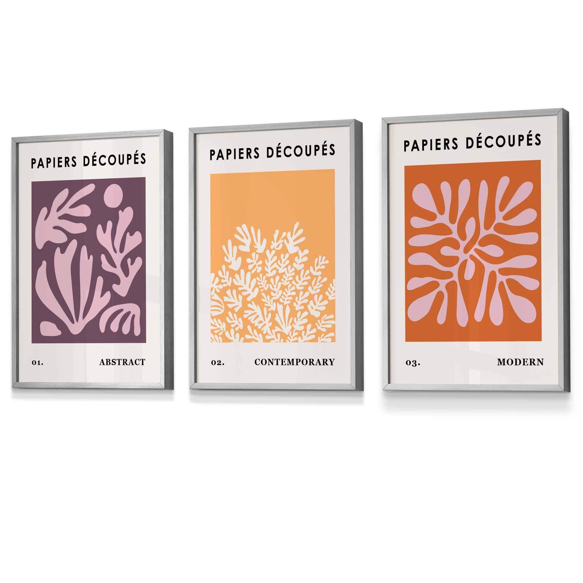 Matisse Floral Set of 3 FRAMED Wall Art Prints in Purple, Orange and Yellow Henri Matisse Cutouts Mid Century Modern